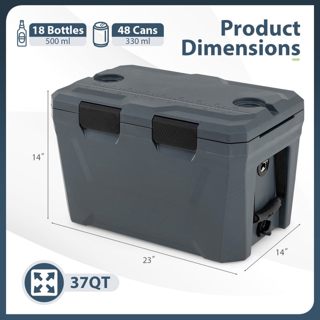 Biotree Insulated Portable Cooler Hard Shell Ice Chest with 2 Cup Holders Bottle Opener and Drain Plug, 37 Qt, Gray
