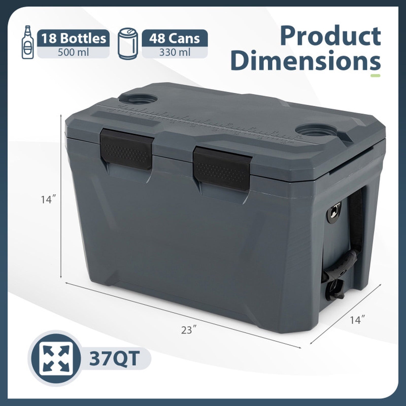 Biotree Insulated Portable Cooler Hard Shell Ice Chest with 2 Cup Holders Bottle Opener and Drain Plug, 37 Qt, Gray