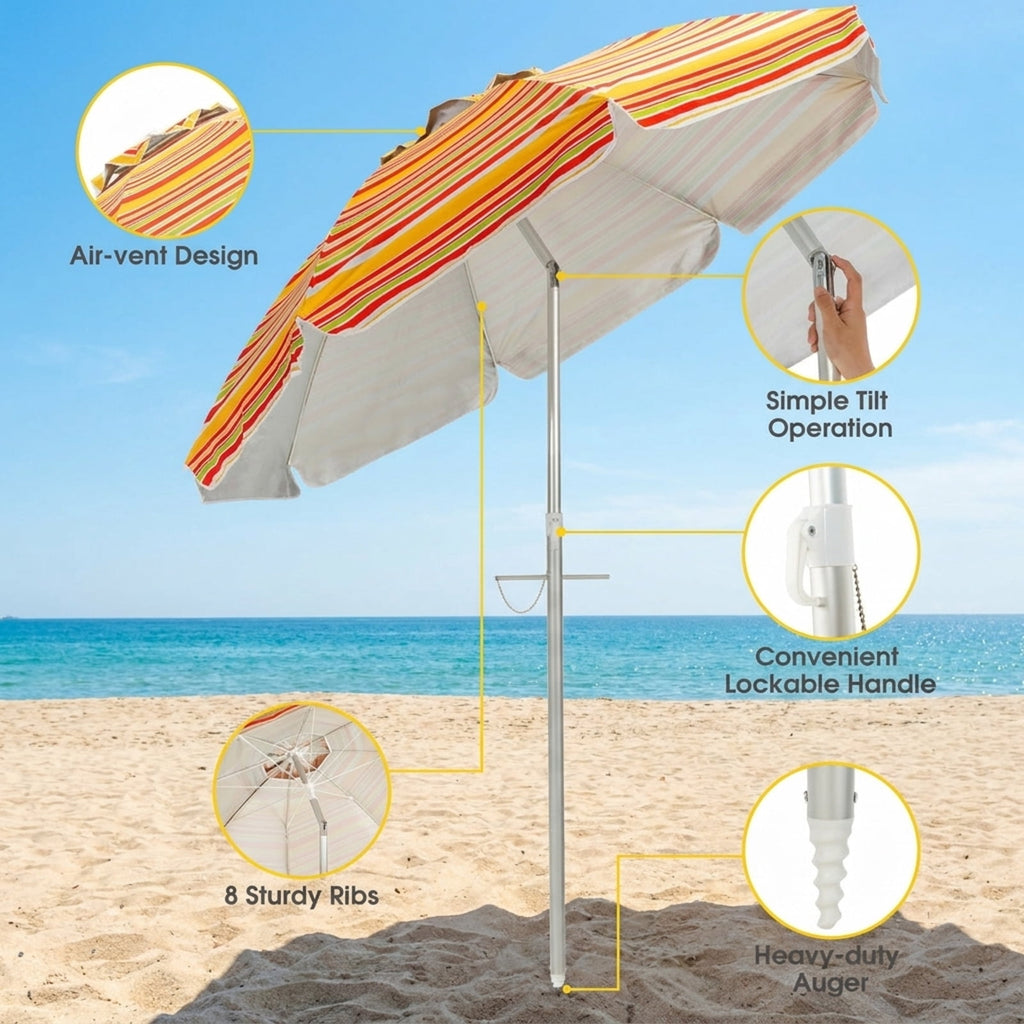 Biotree 6.5 ft Portable Beach Umbrella with Carrying Bag, 6 Ribs, Sand Tilt Mechanism - Orange for Backyard