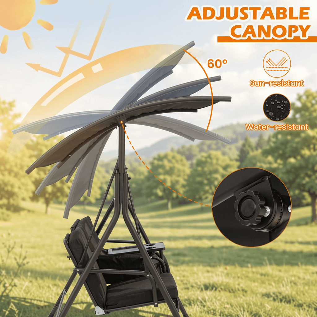 Biotree Porch Swing Chair with Adjustable Canopy and Rotatable Side Tray, 265 LBS Capacity Patio Hammock Glider Bench Cooler Bag for Garden Yard Deck, Black