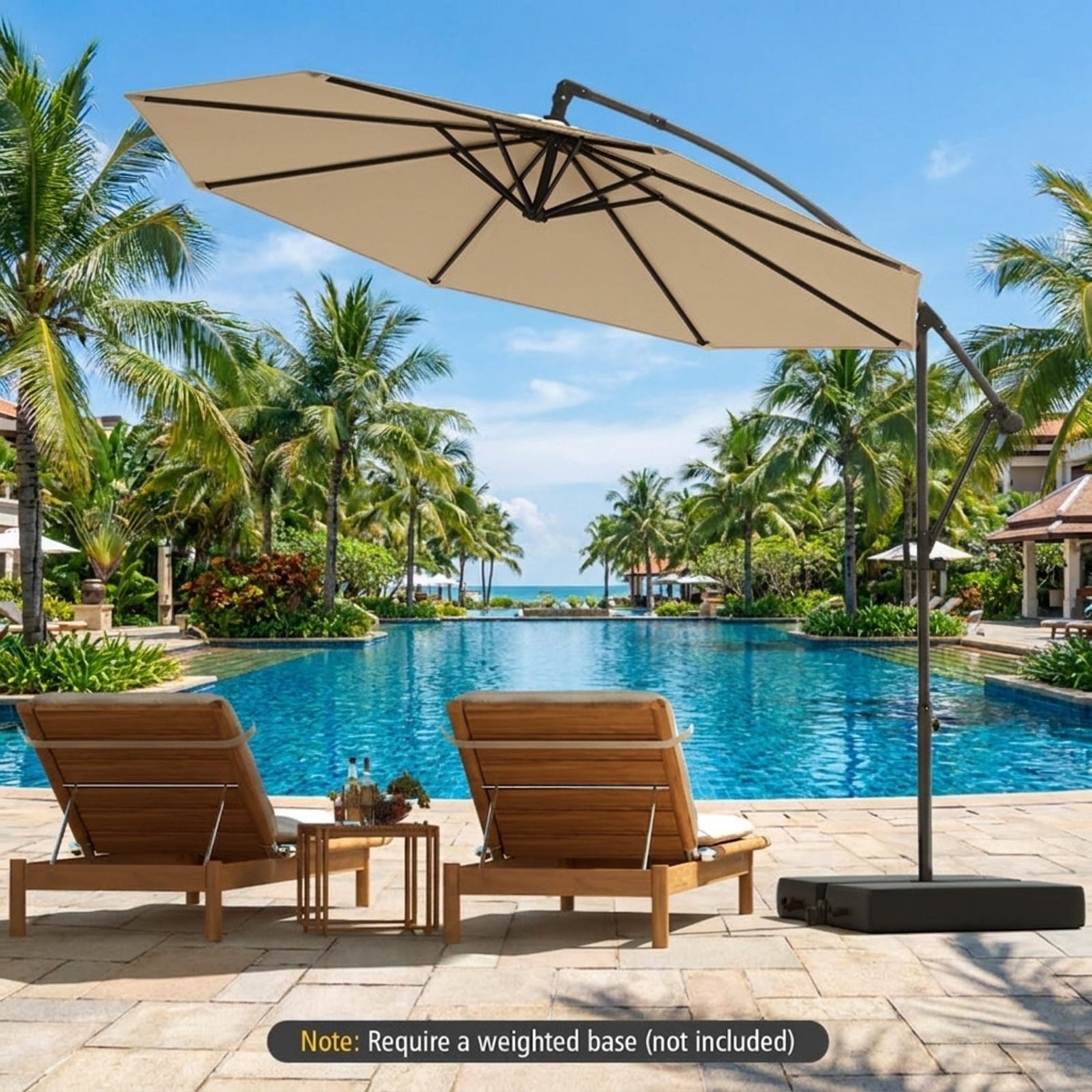Biotree 10 ft Cantilever Patio Umbrella Offset Hanging with Cross Base, 8 Ribs - Beige for Backyard Garden Poolside
