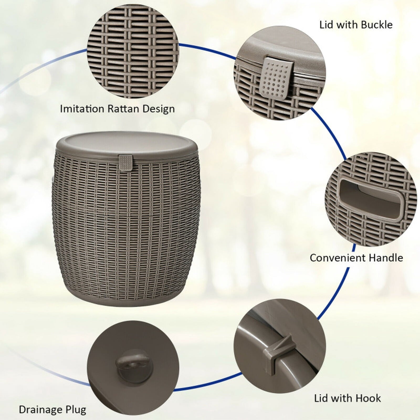 Biotree 9.5 Gallon 4-in-1 Patio Rattan Cool Bar Cocktail Table Side Table, Brown