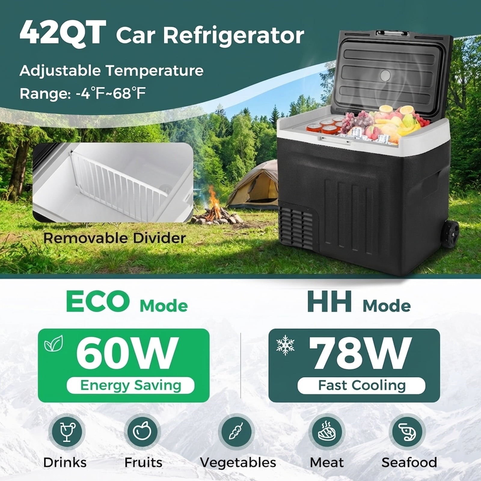 Biotree 12V Car Refrigerator 42 Qt with Touch Panel and Removable Divider, Black