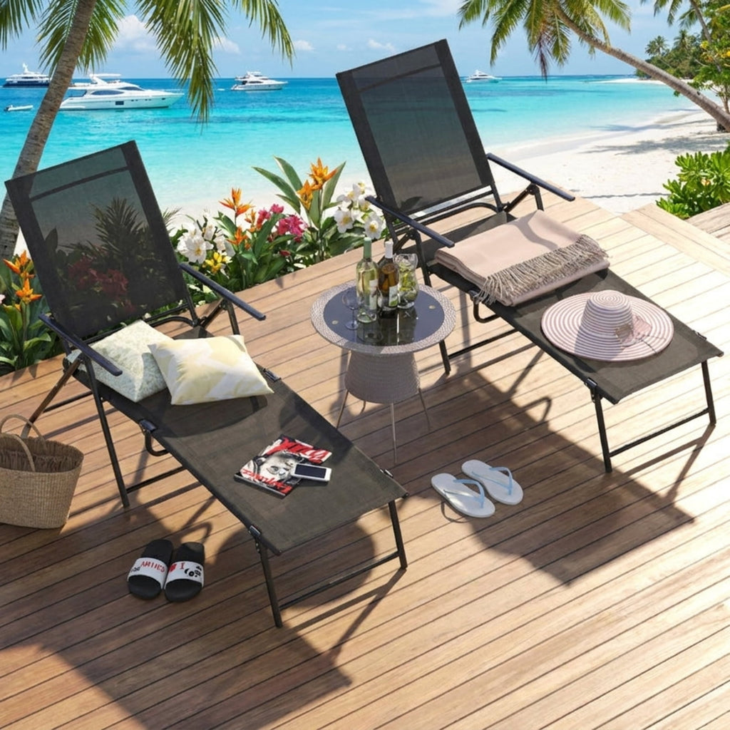 Biotree 2 Piece Patio Folding Chaise Lounge Chairs Recliner with 6-Level Backrest Stackable Patio Chair for Garden BackyardBlack