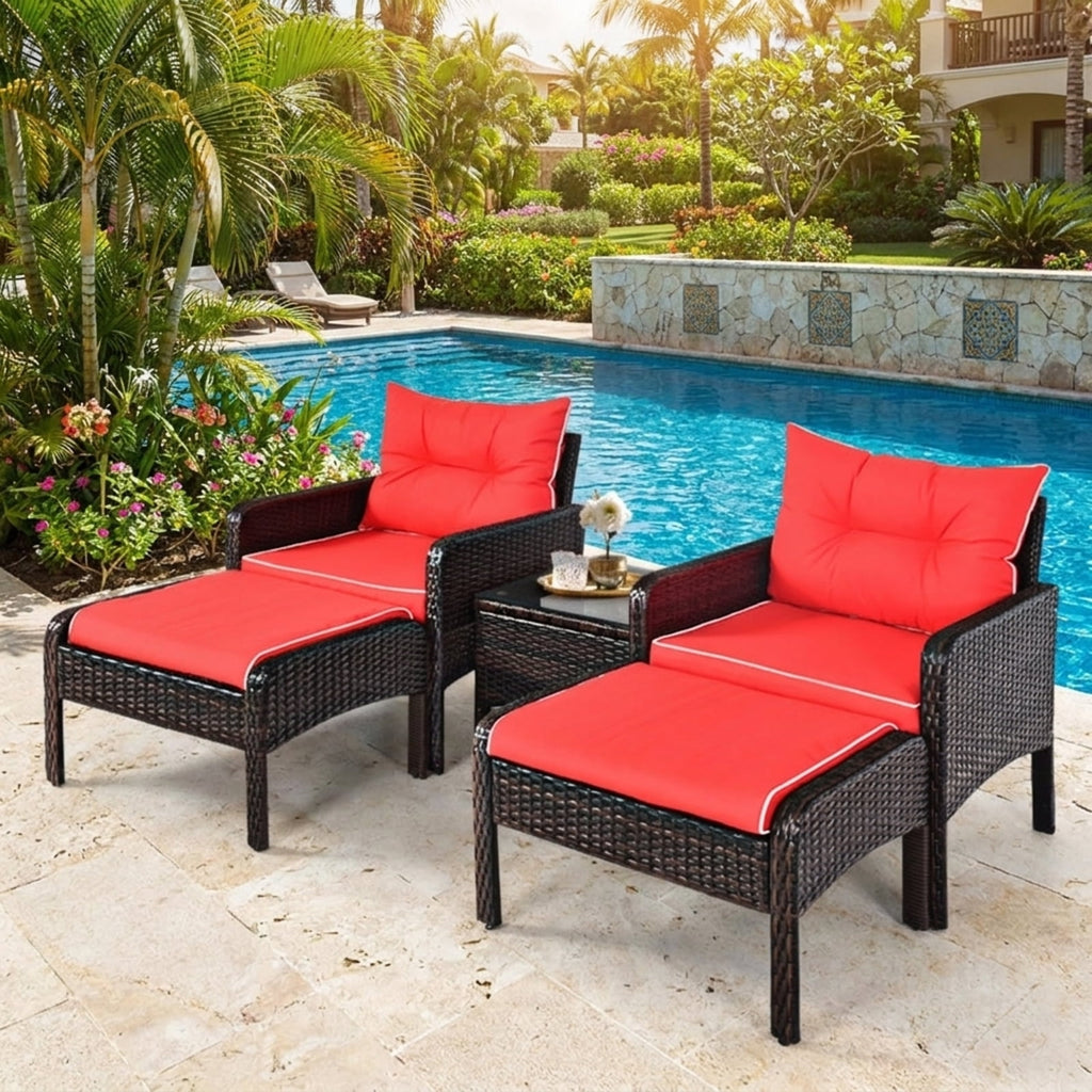 Biotree 5 Pieces Patio Rattan Sofa Ottoman Furniture Set with Cushions Outdoor Conversation Set for Garden Backyard PorchRed