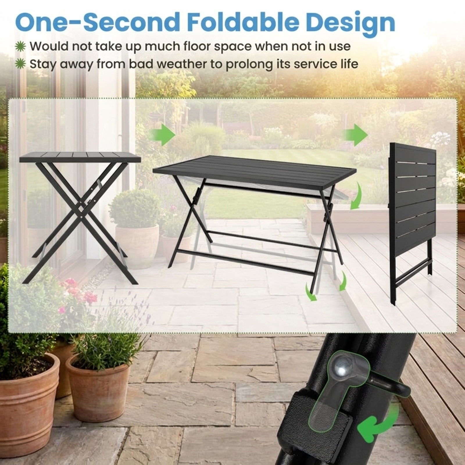 Biotree Foldable Outdoor Dining Table 48inch x 30inch Rectangular Metal Patio Table with Slatted Tabletop, Dark Brown