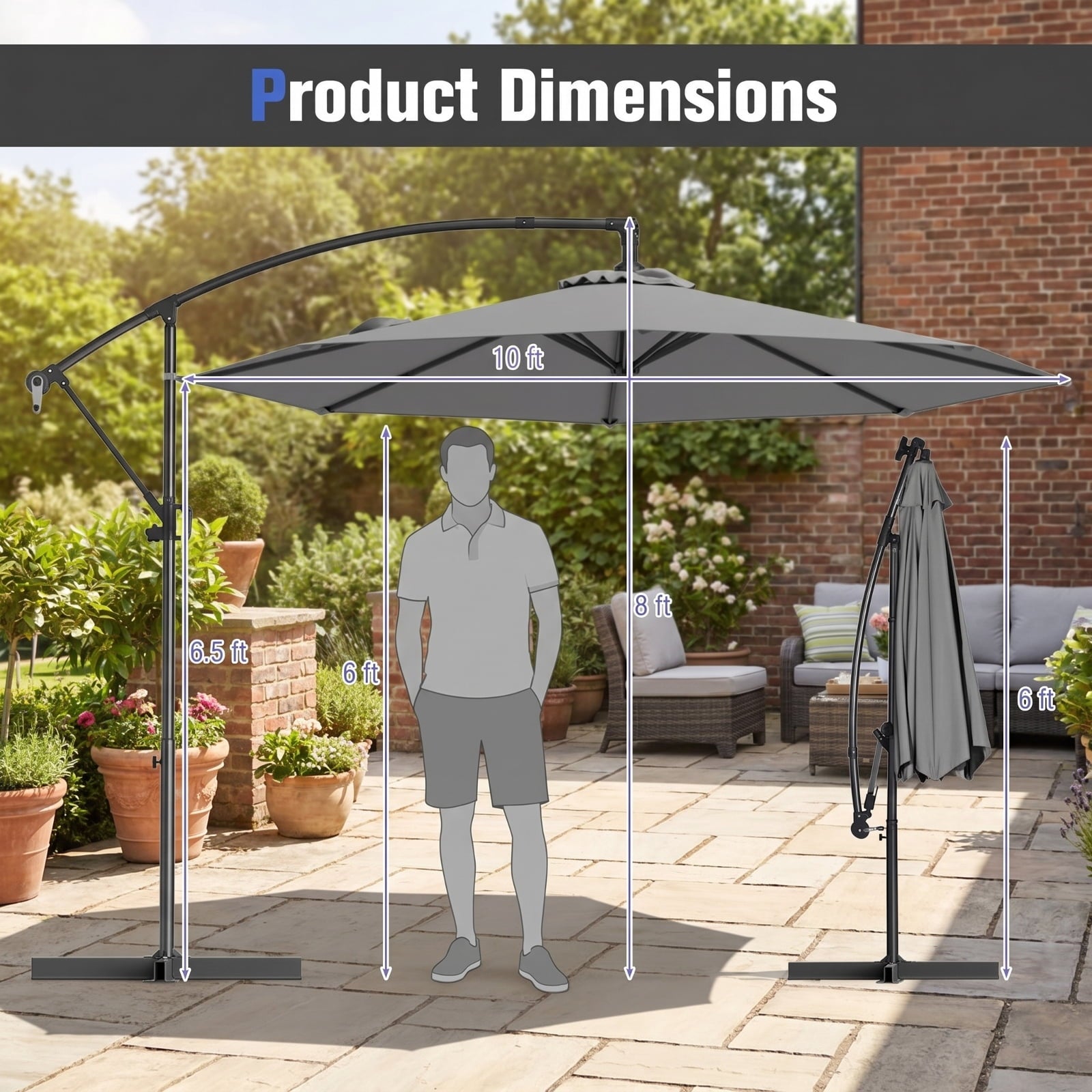 Biotree 10 ft Cantilever Patio Umbrella Offset Hanging with Cross Base, 8 Ribs - Multicolor for Backyard
