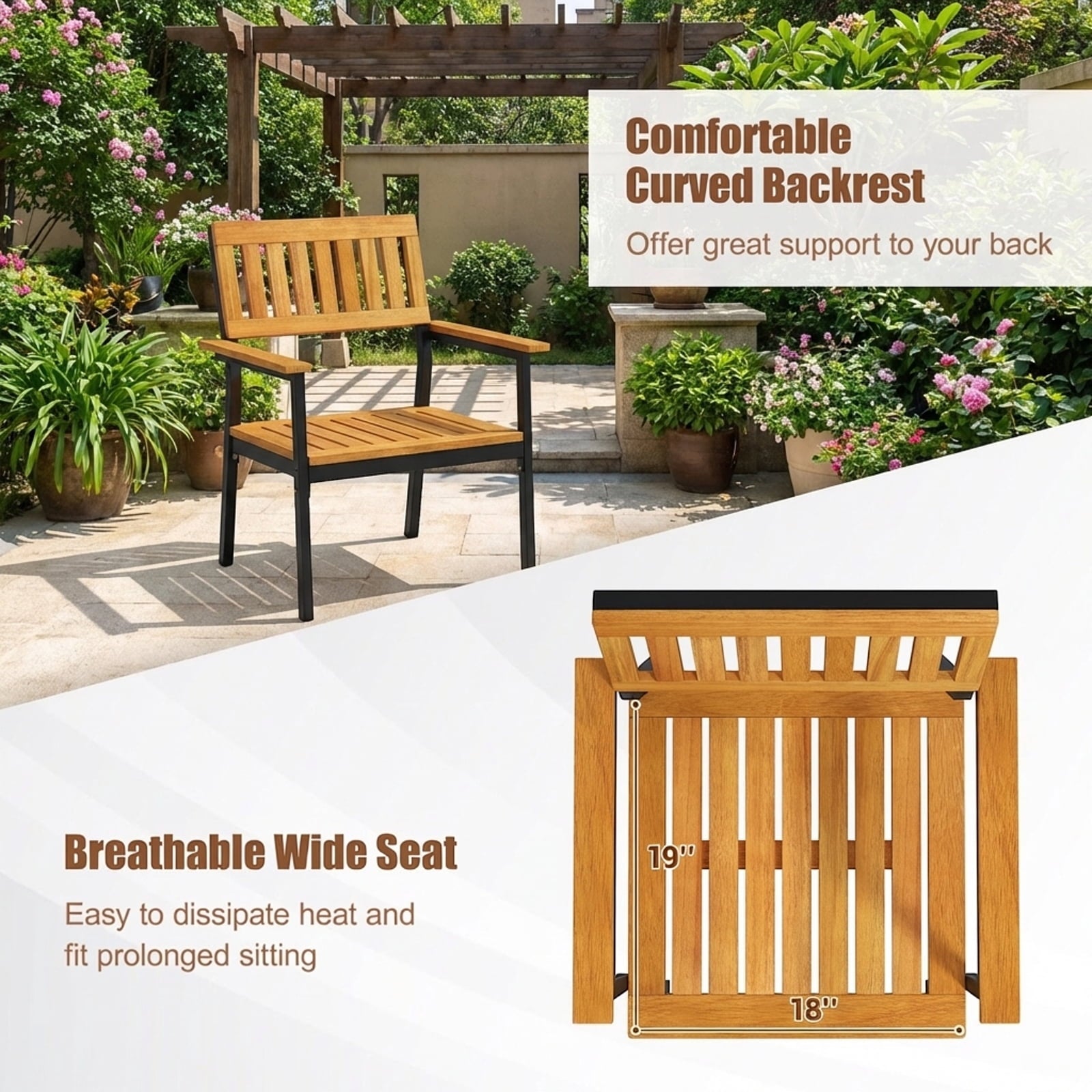 Biotree 2-Pack Patio Dining Chair with Metal and Acacia Wood