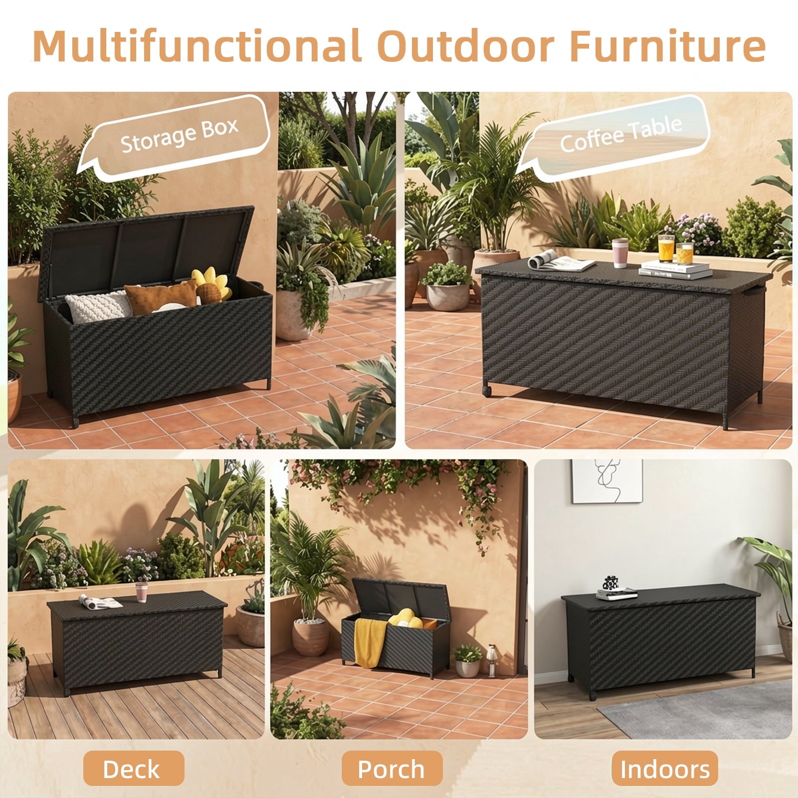 Biotree 85 Gallon Outdoor Storage Box with Removable Liner and Universal Wheels Outdoor Waterproof for Patio Deck Garden Cushions, Black