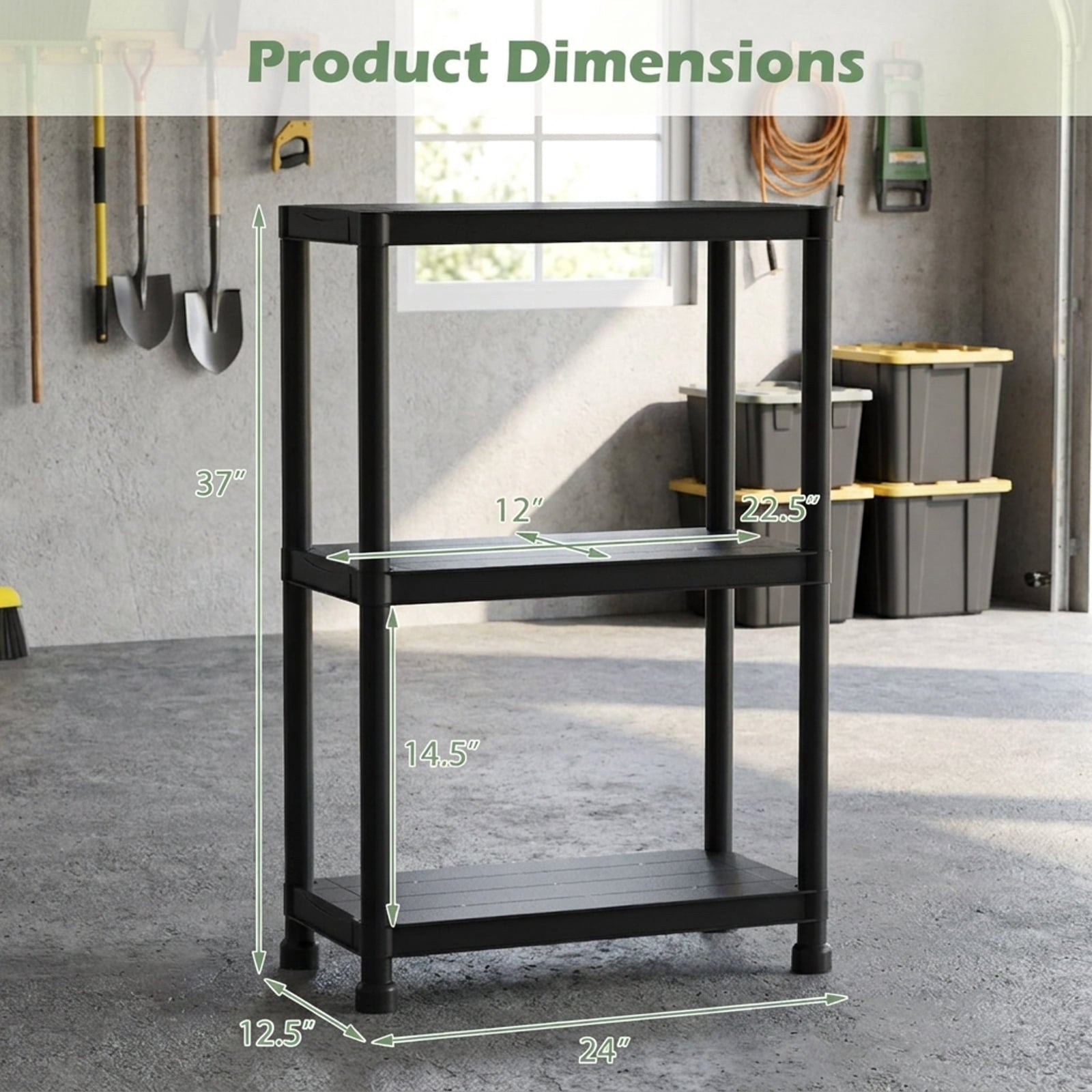Biotree 3-Tier Heavy-Duty Plastic Storage Shelves Freestanding Garage Shelving Unit 300 lbs - Black