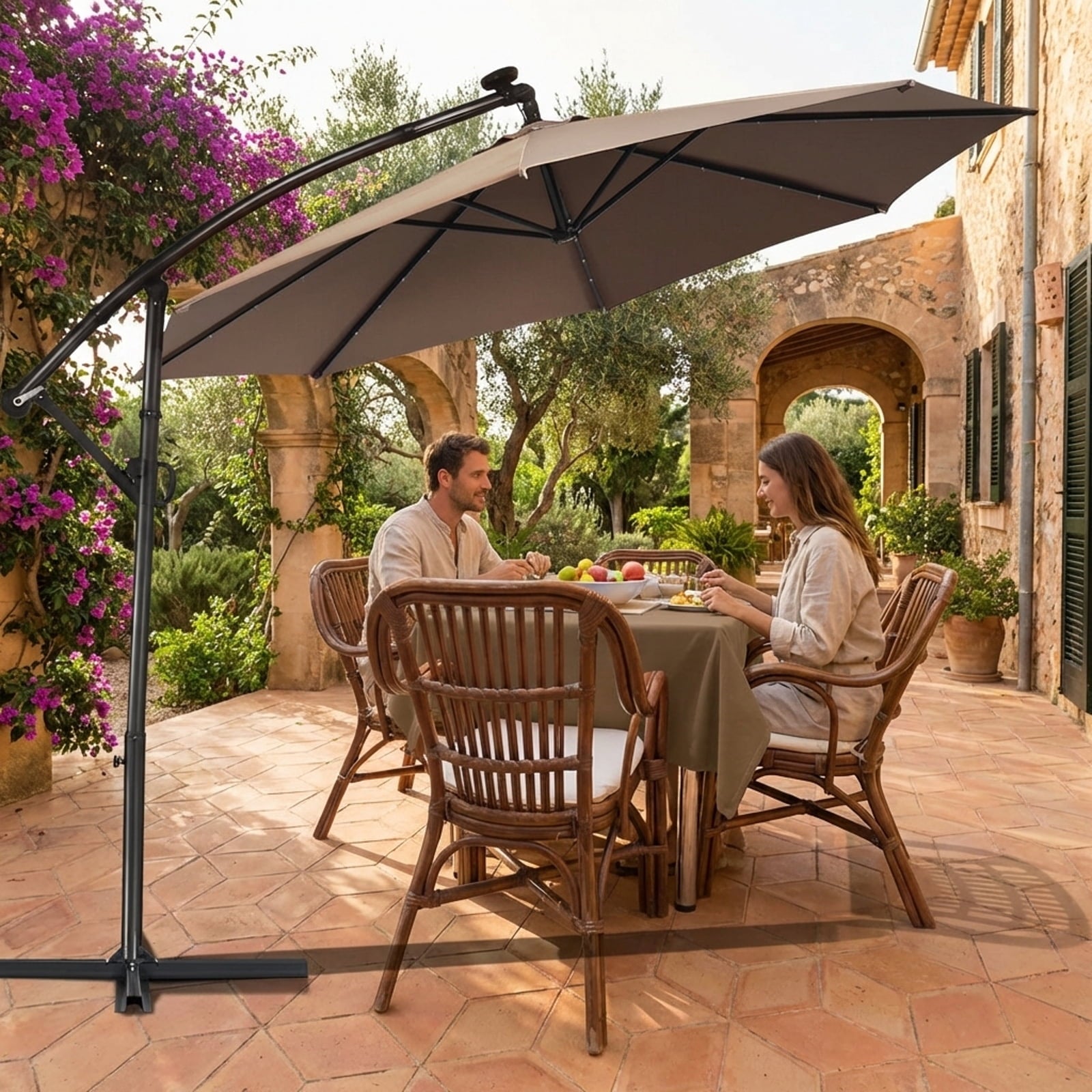Biotree 10 ft 360¡ã Rotation Solar Powered LED Patio Offset Umbrella without Weight Base-Tan Outdoor Backyard