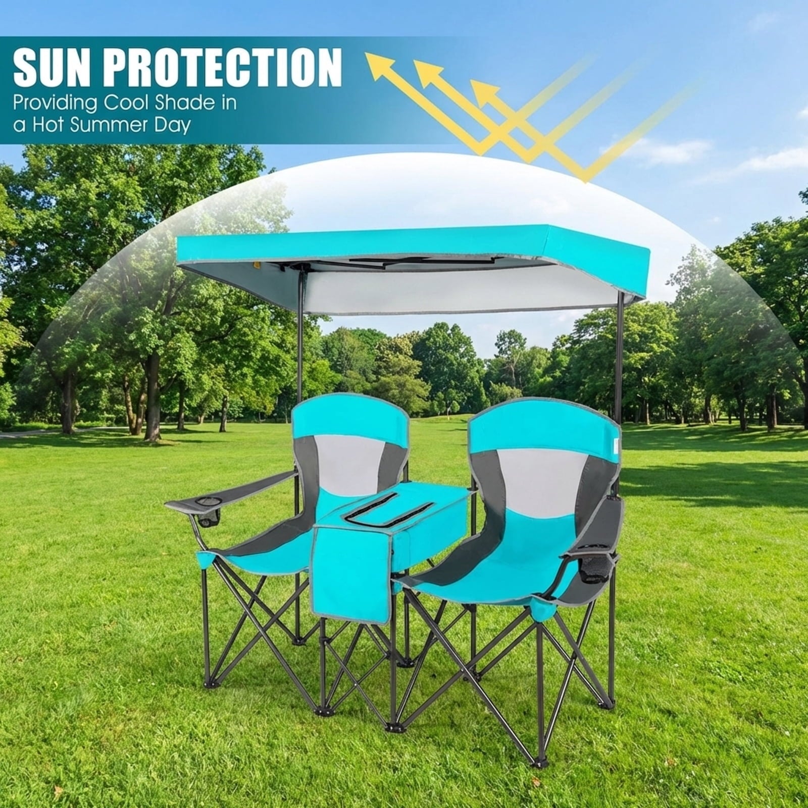 Biotree Folding Camping Chair with Sun Shade Canopy and Cup Holder for Beach Tailgating Outdoor Events, Turquoise