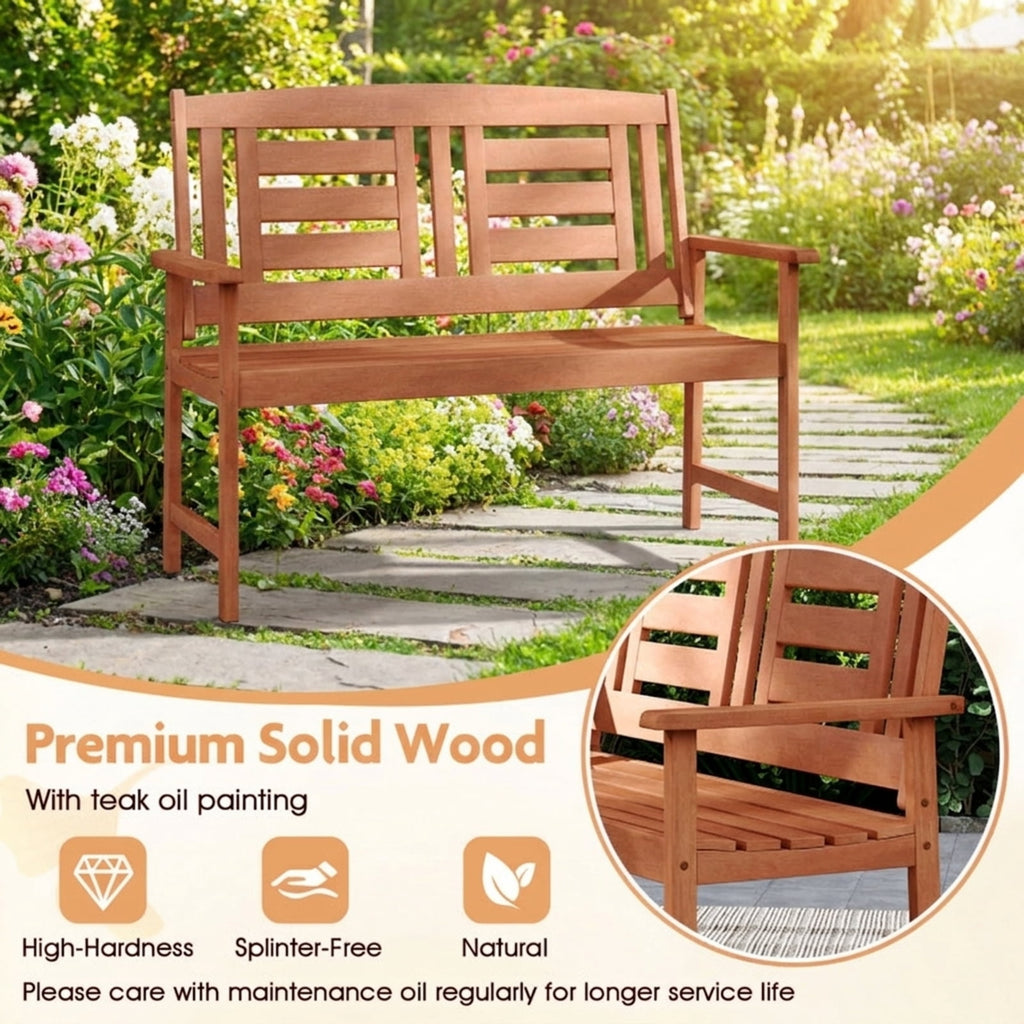 Biotree Outdoor Solid Wood Loveseat Hardwood 2-Seat Bench with Inclined Backrest and Slatted SeatTeak