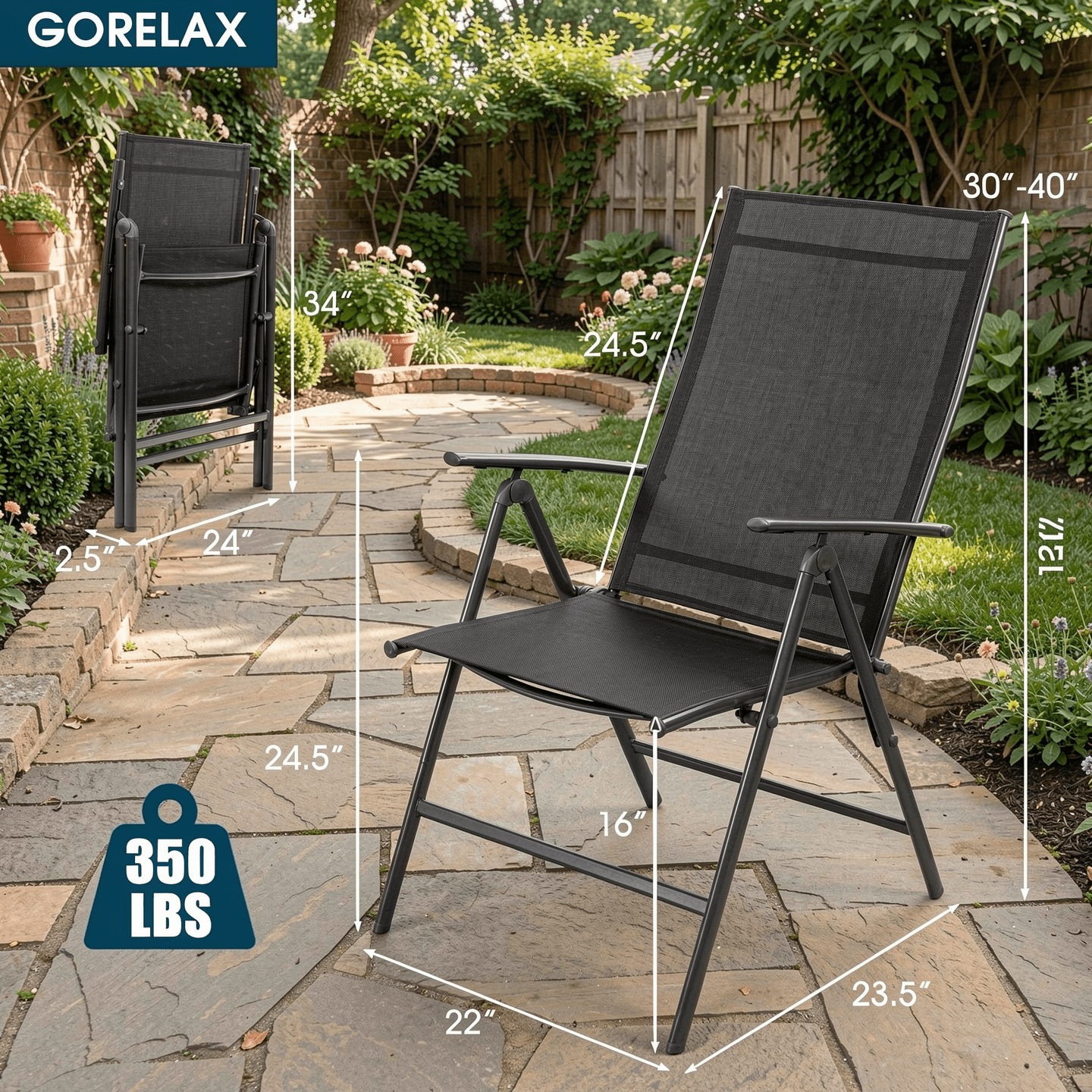 Biotree 2-Pack Adjustable Folding Patio Recliner Chairs-Black
