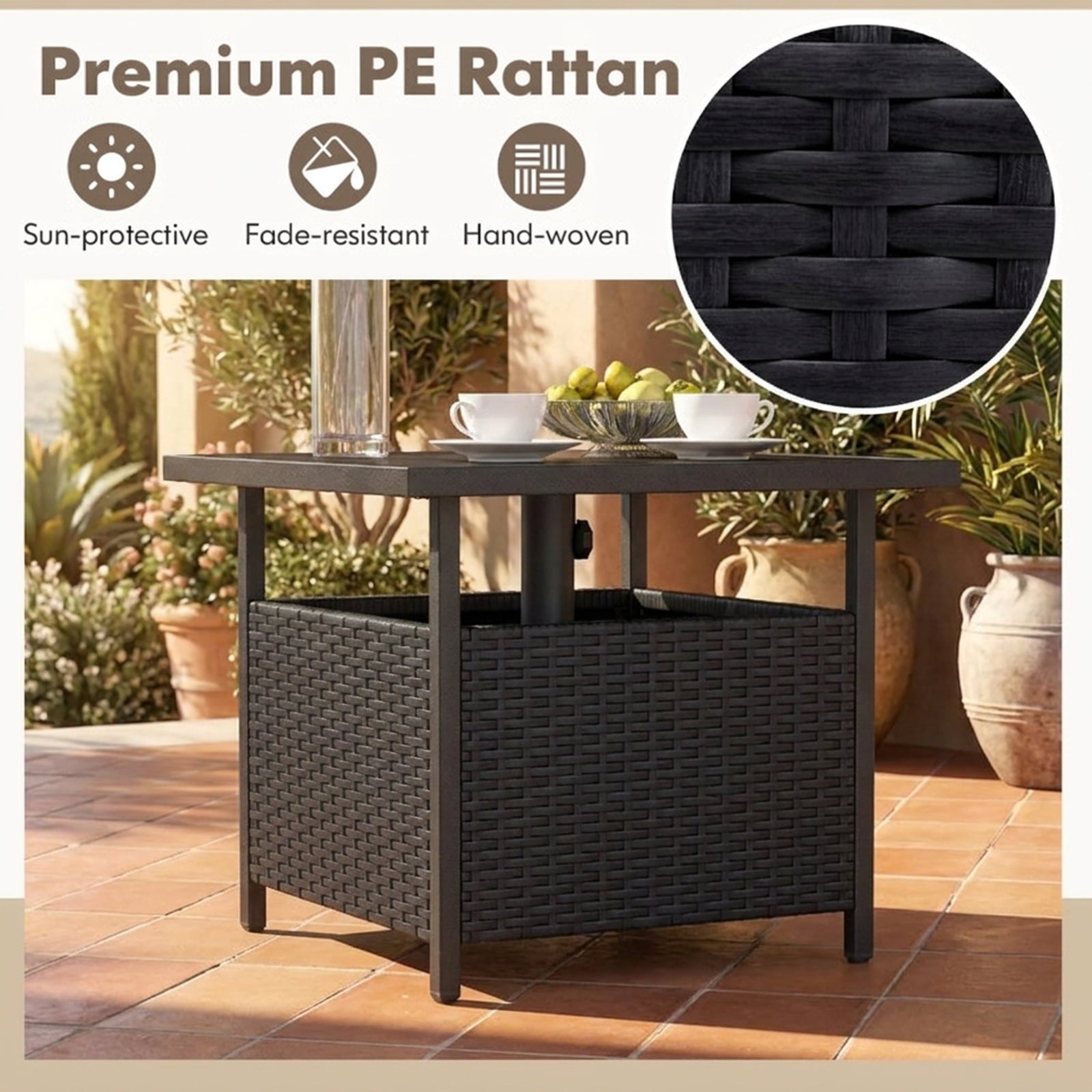 Biotree Outdoor Patio Rattan Wicker Steel Side Deck Table, Dark Brown