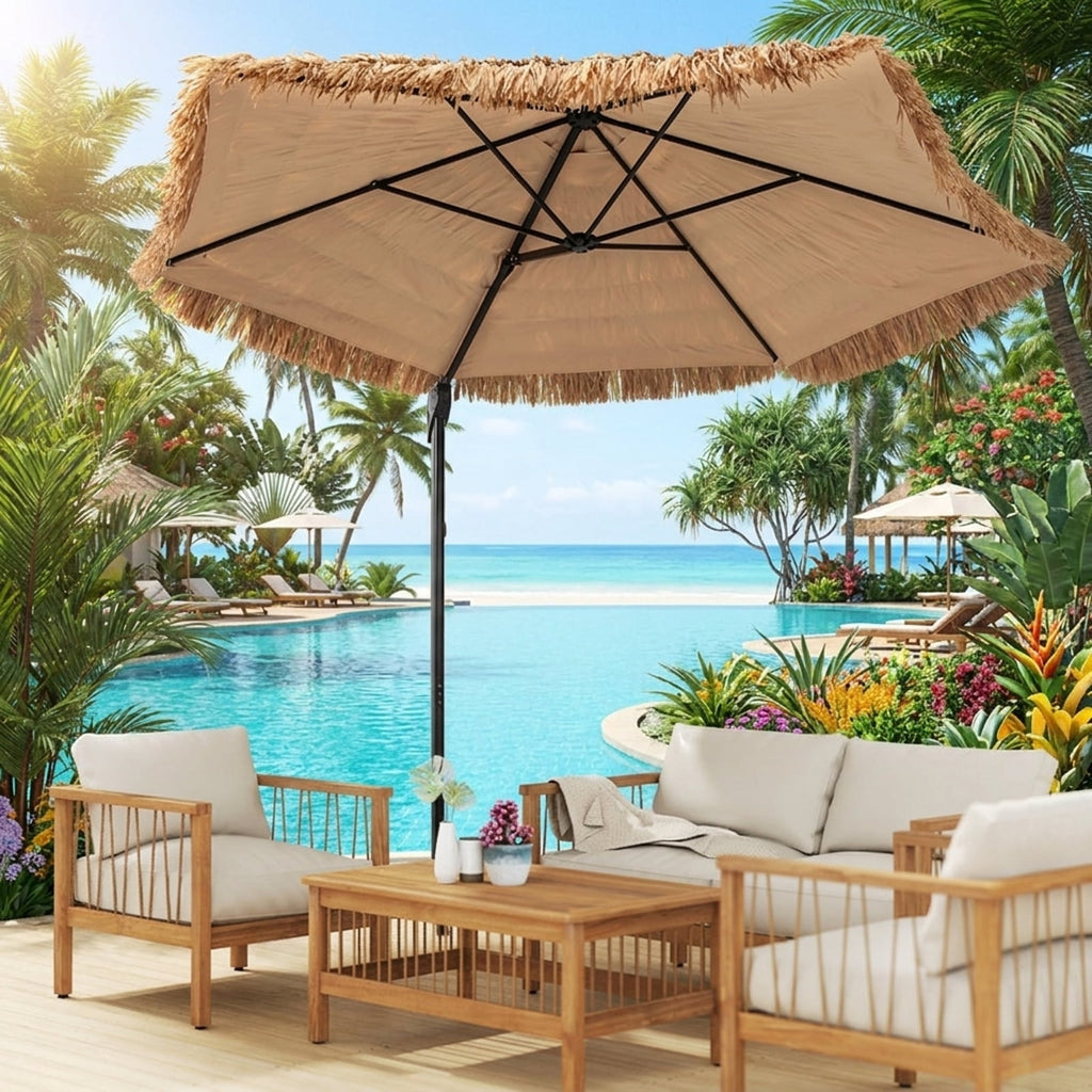 Biotree 9.5 ft Cantilever Patio Umbrella Offset Hanging with Cross Base, 8 Ribs - Natural for Backyard