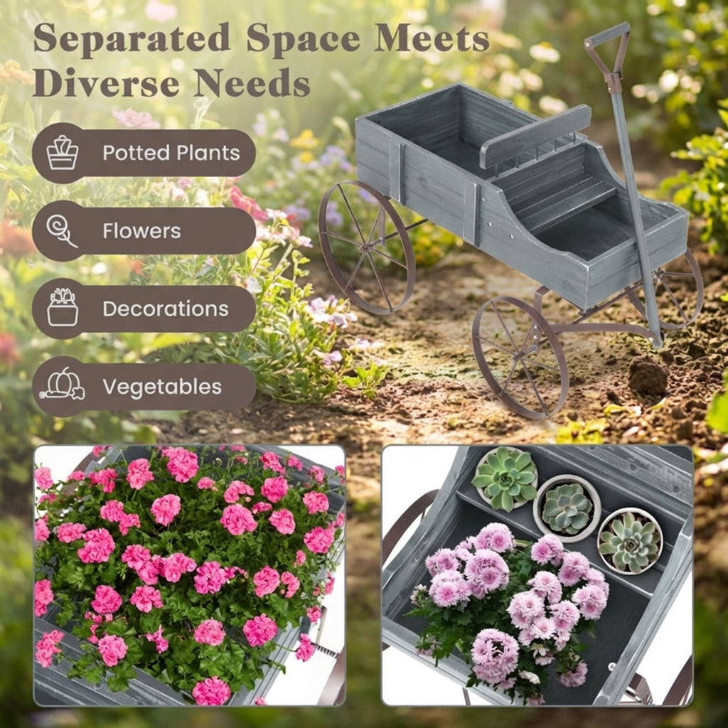 Biotree Wooden Wagon Plant Bed with Metal Wheels for Garden Yard Patio-Gray,Green