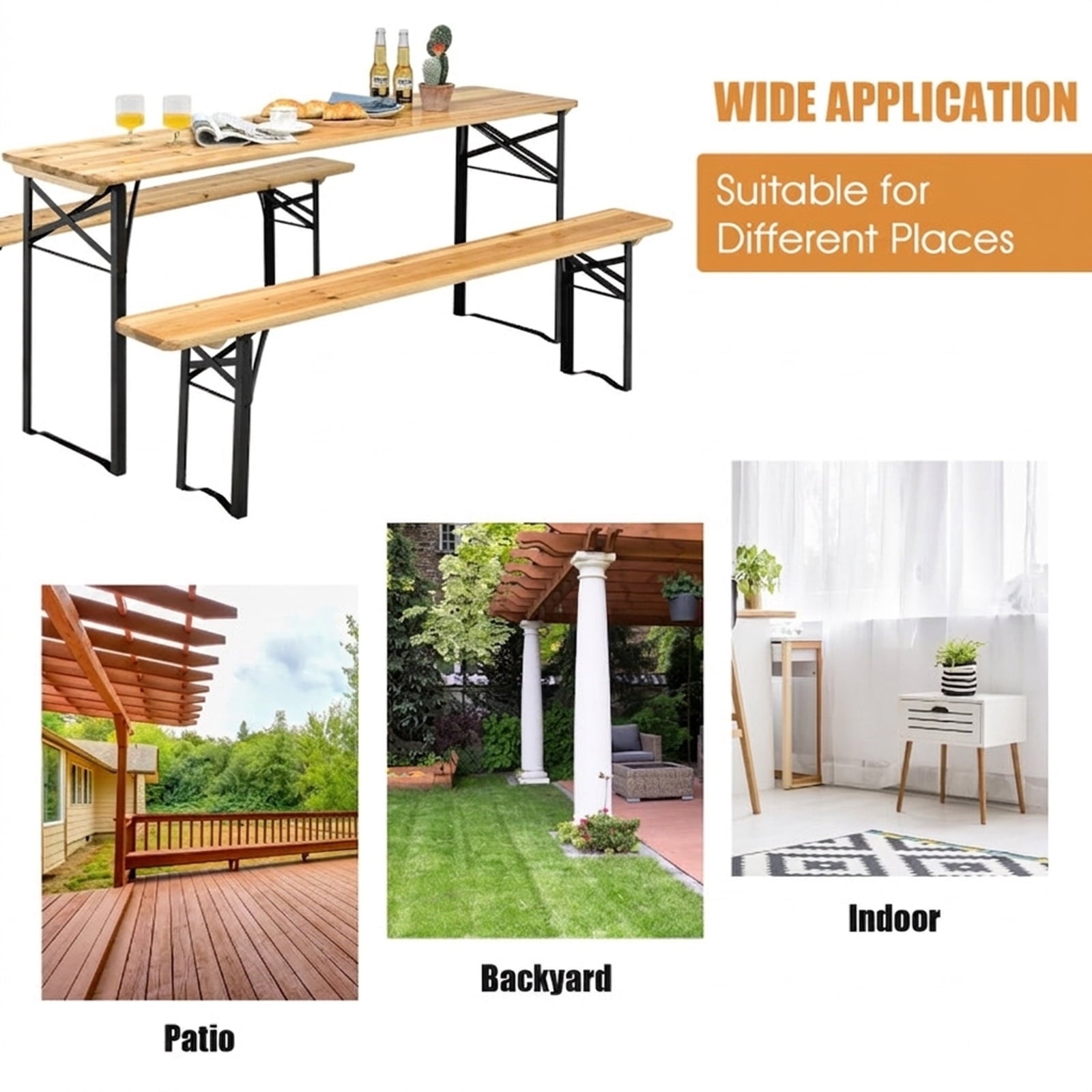 Biotree 70-Inch 3 Pieces Folding Wooden Picnic Table Bench Set, Natural Black
