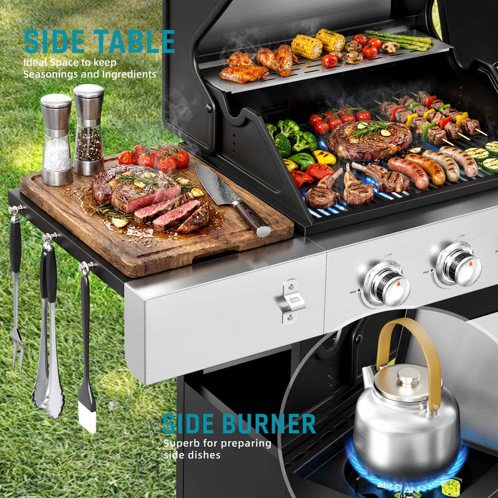 Biotree 4 Burner Gas Grill with Side Burner, 50800 BTU Barbecue Grill Propane Stainless Steel BBQ Grill with Porcelain-Enameled Cast Iron Grates for Outdoor Cooking