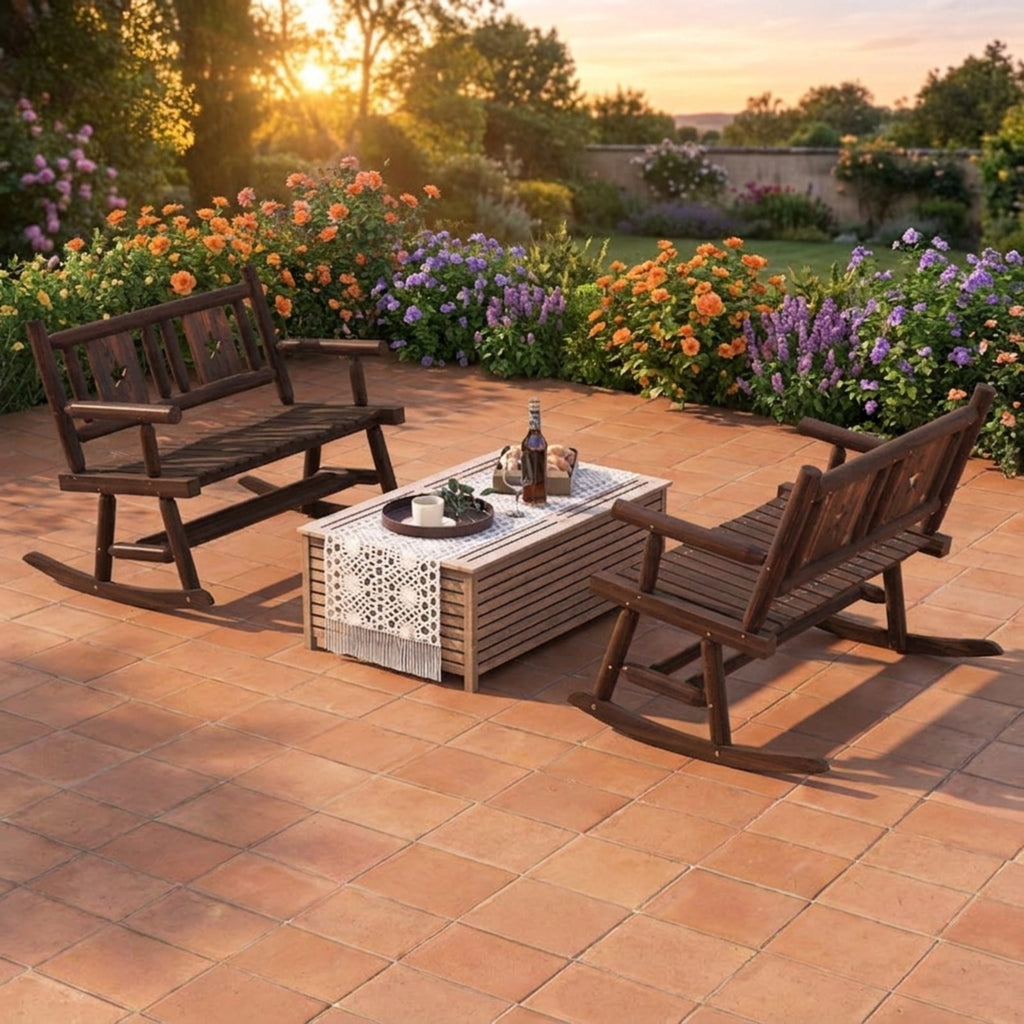 Biotree Patio Rocking Bench Double Rocker Chair with Ergonomic Seat 2-Person Loveseat Stackable Patio Chair for Garden BackyardRustic Brown