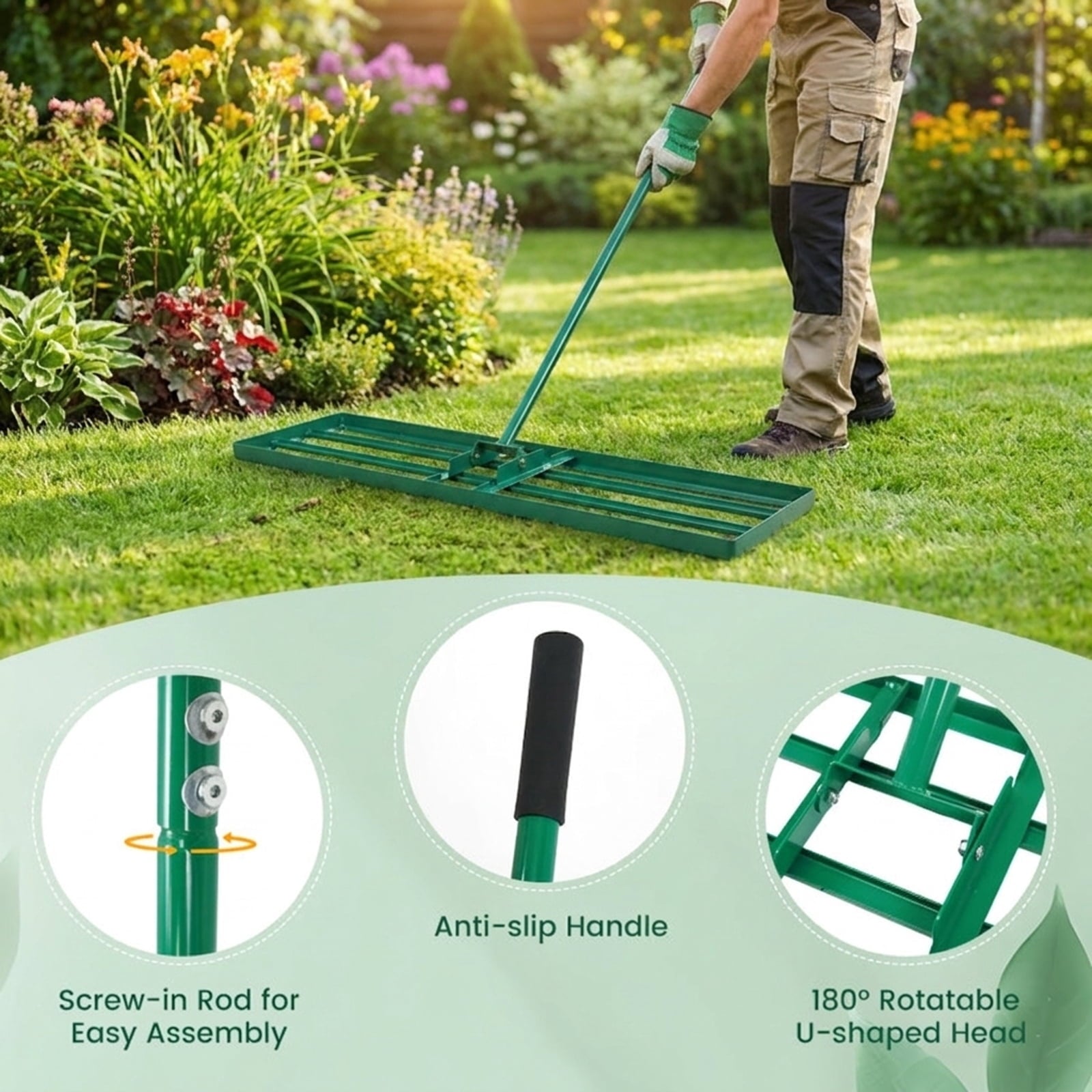 Biotree 42 x 10 Inch Lawn Leveling Rake with Ergonomic Handle for Lawn Garden Yard Soil Care, Green