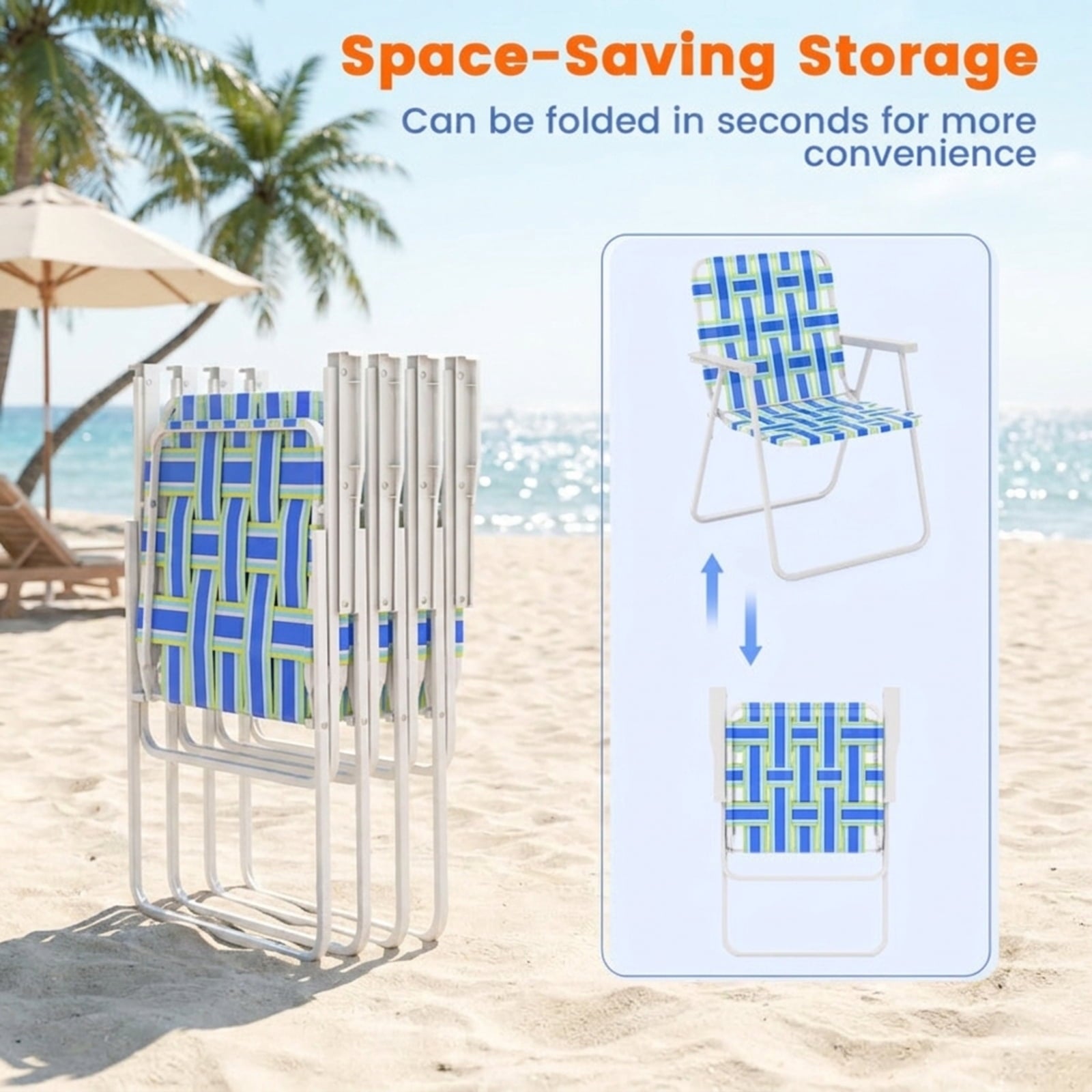 Biotree 2 Pieces Folding Beach Chair Camping Lawn Webbing Chair Stackable Patio Chair for Garden BackyardBlue
