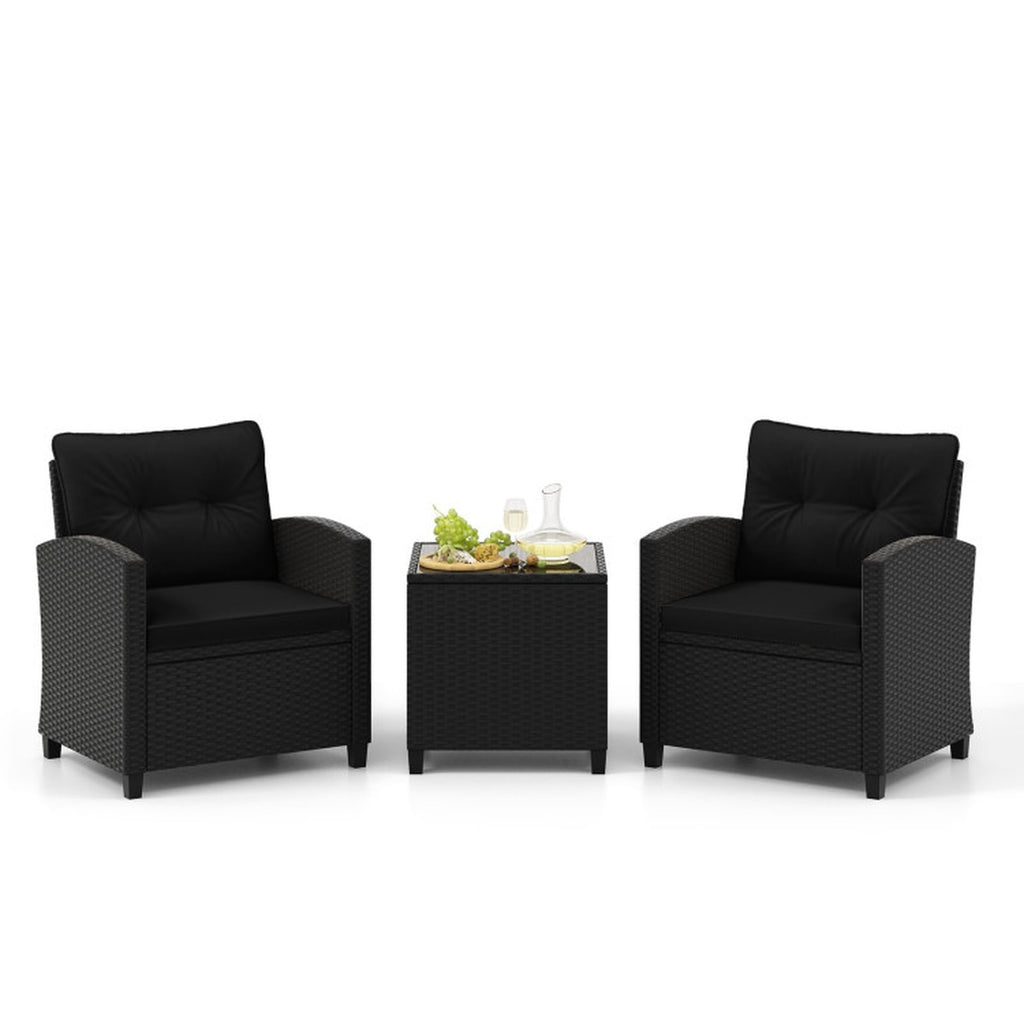 Biotree 3 Pieces Patio Furniture Set with Tempered Glass Coffee Table Outdoor Conversation Set for Garden Backyard PorchBlack