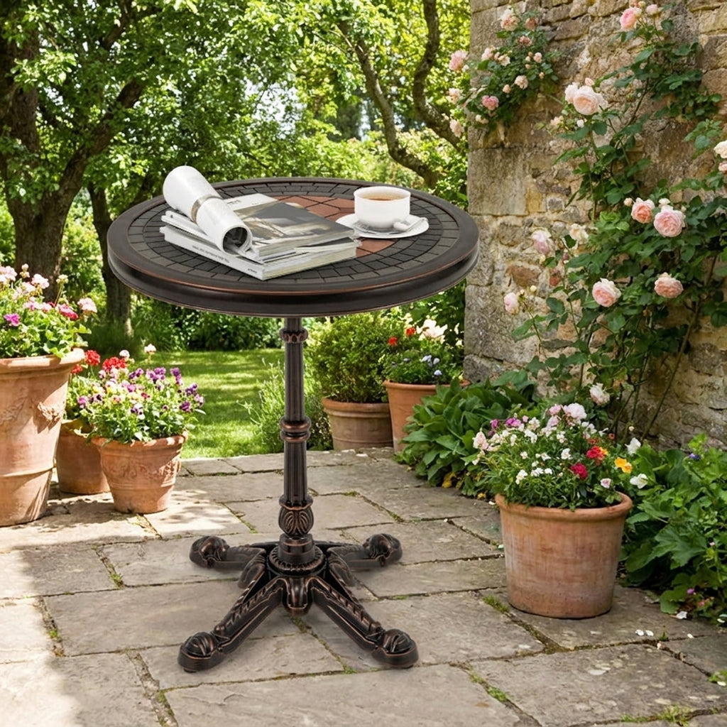 Biotree 24" Round Patio Dining Table Weather-resistant Cast Aluminum Table, Walnut