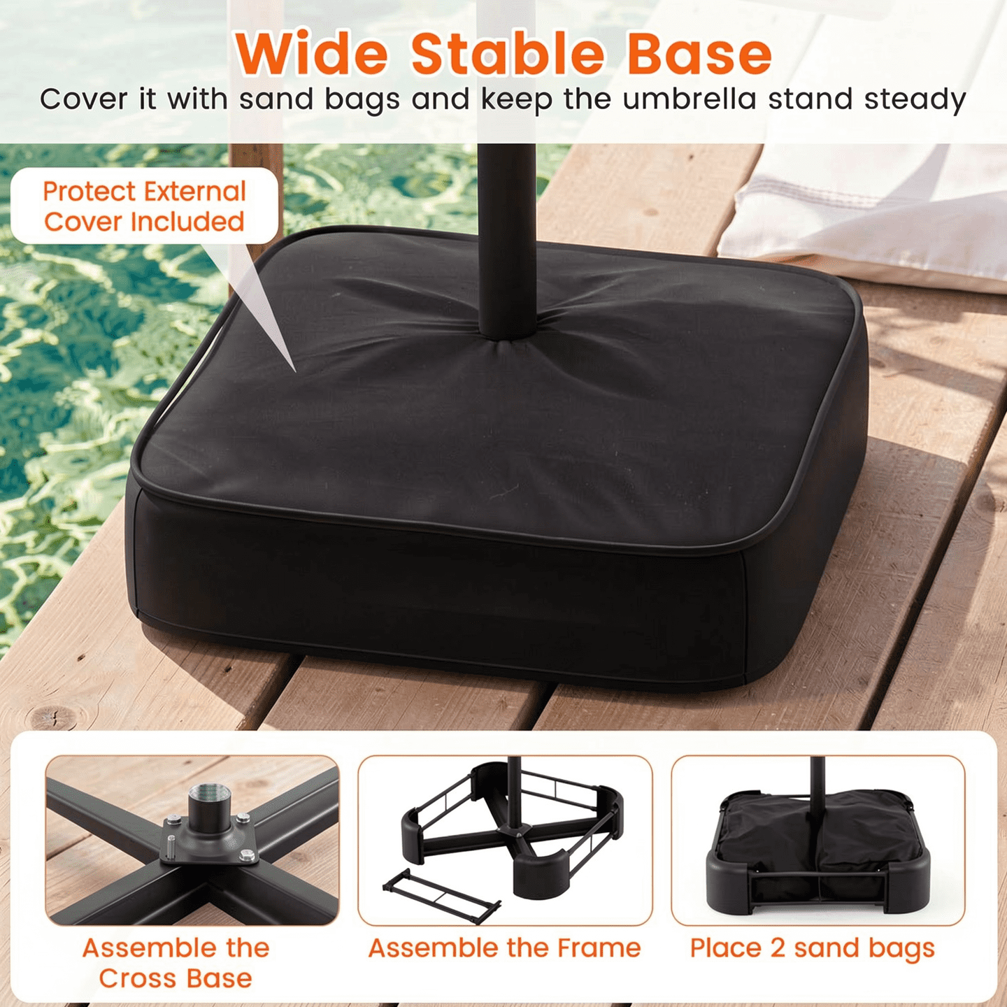Biotree 15 Feet Double-Sided Twin Patio Umbrella with Crank and Base-Beige Beige Brown Blue Grey Orange Red Turquoise Black