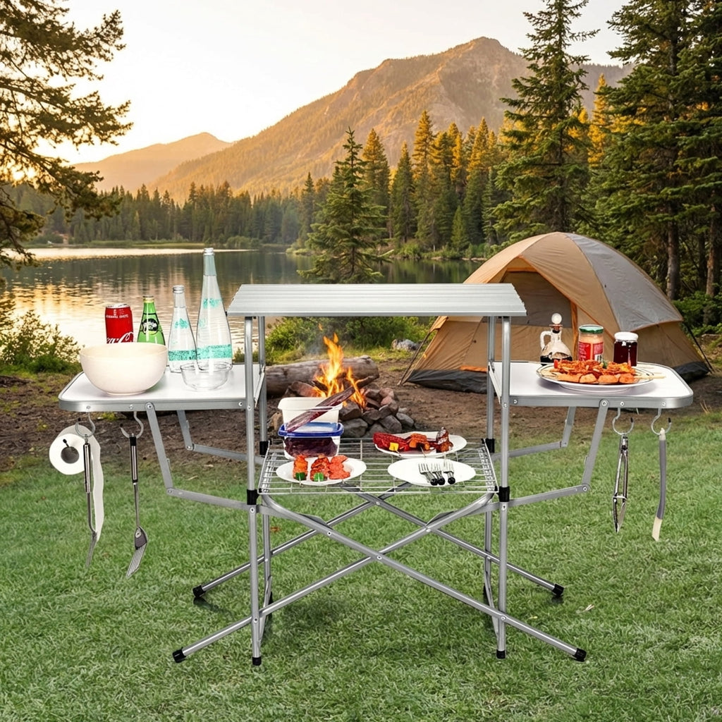 Biotree Foldable Outdoor BBQ Table Grilling Stand Portable Camping Grill Table with Storage Shelf for Outdoor Cooking, Black