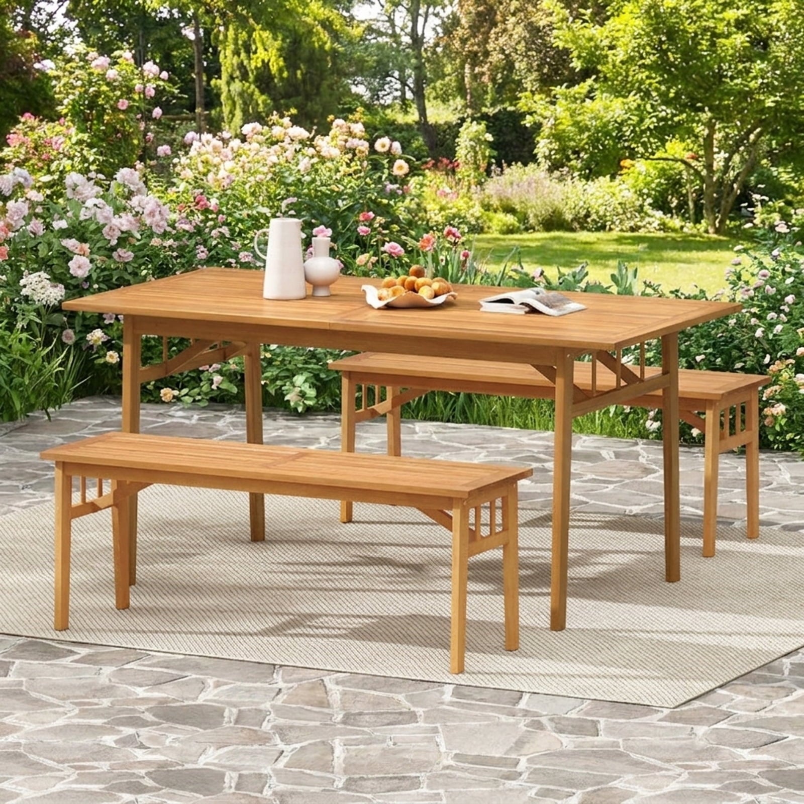 Biotree 48 Inches Acacia Wood Bench with Breathable Slat Seat and Stable Triangular Structure-1Natural