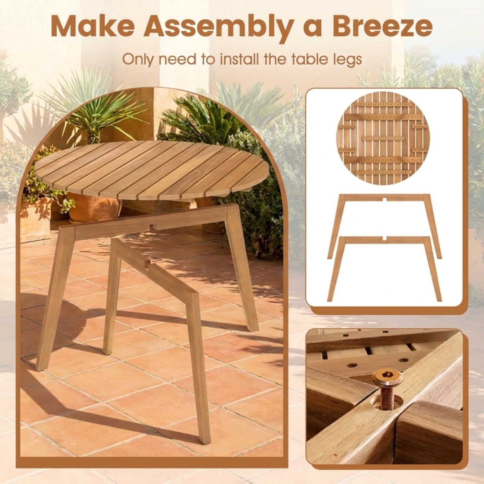 Biotree Round Outdoor Acacia Wood Side Table with Slatted Tabletop, Natural