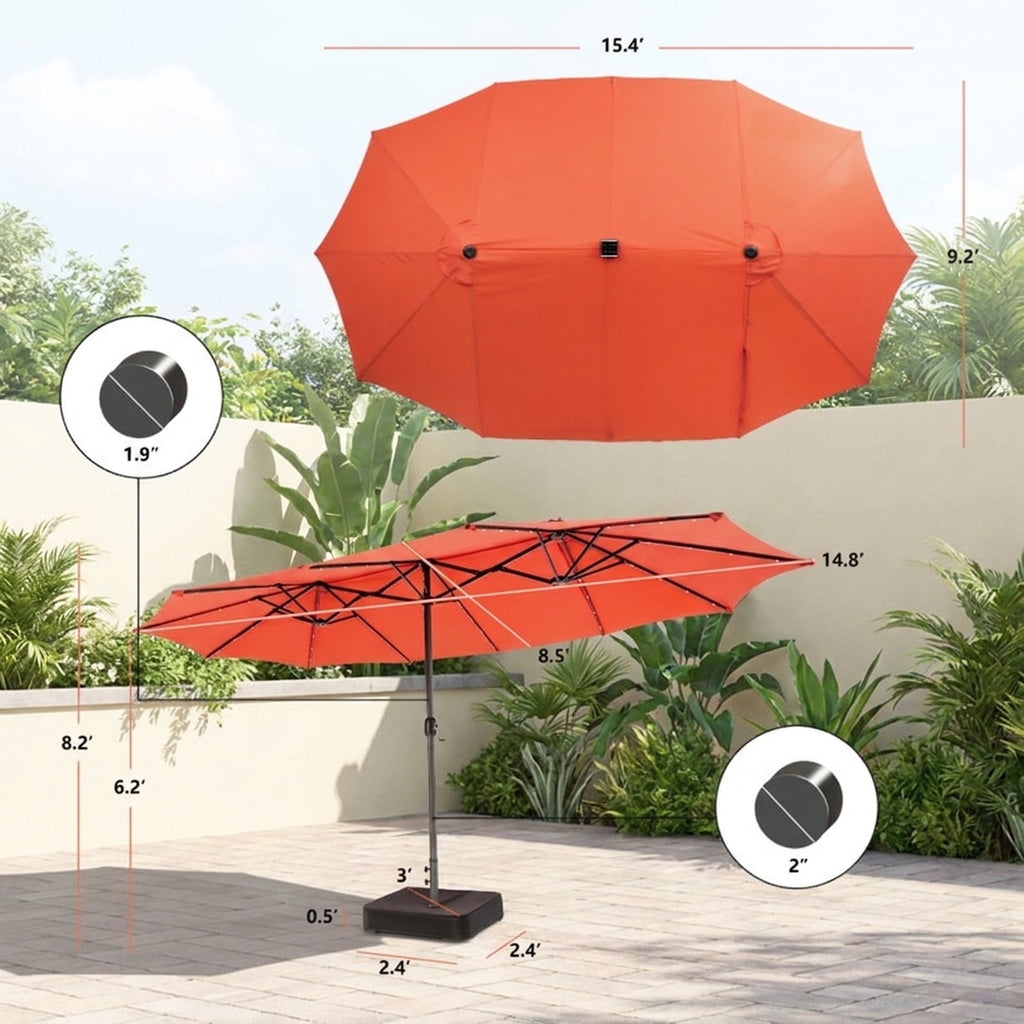 Biotree 15 ft Double-Sided Twin Patio Umbrella 48 LED Lights Outdoor Shade - Orange - UV Protection with Cross Base