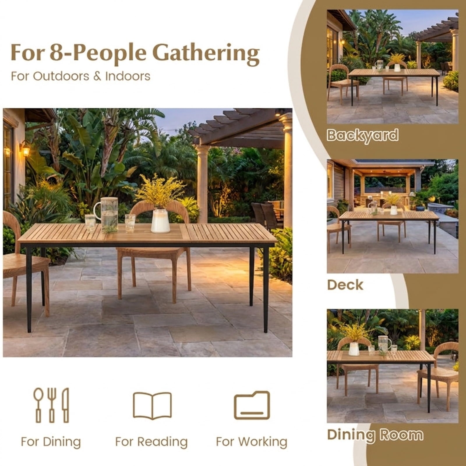 Biotree 79 Inch Acacia Wood Outdoor Dining Table for 8 with 1.9 Inch Umbrella Hole, Natural