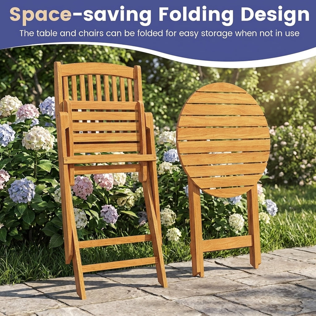 Biotree 3-Piece Acacia Wood Folding Bistro Set with Cushions-Navy