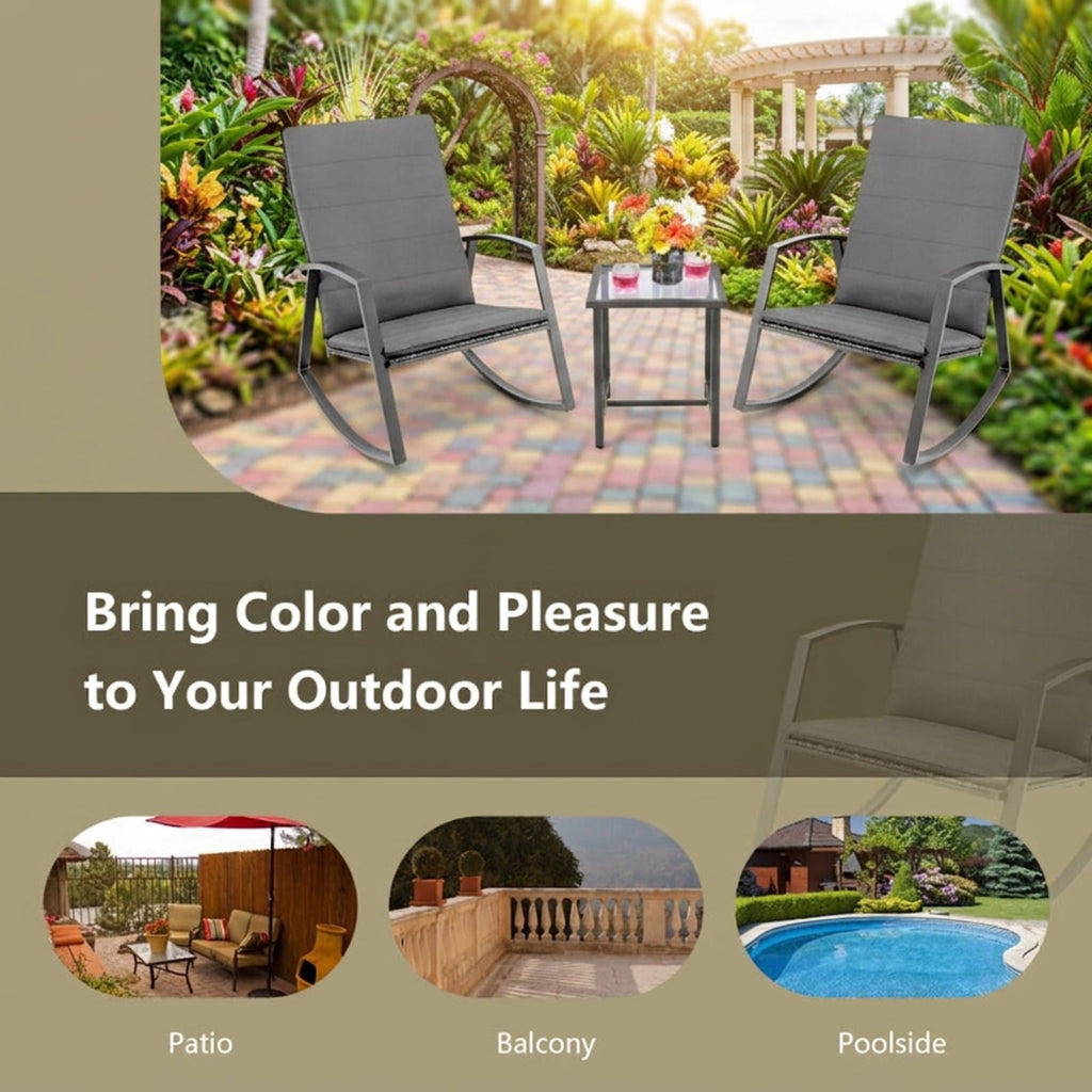 Biotree 3 Pieces Patio Rattan Rocking Furniture Set Outdoor Conversation Set for Garden Backyard PorchGray