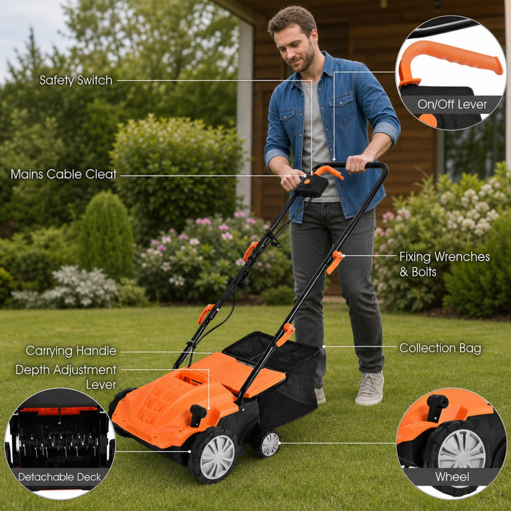 Biotree 13" 12 Amp Electric Lawn Scarifier Dethatcher, Corded Lawn Rake with 3-Position Depth Adjustment, Removable Blades and 40L Collection Bag for Grass Renovation and Yard Care Orange