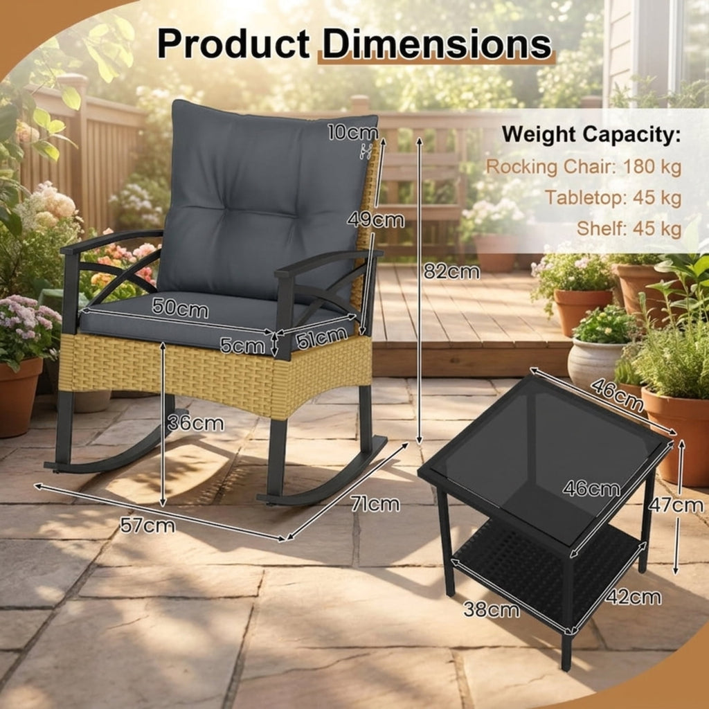 Biotree 3 Pieces Outdoor Rattan Rocking Chairs Set with 2-Tier Side Table for Garden Backyard Outdoor Conversation Set for Garden Backyard PorchGray