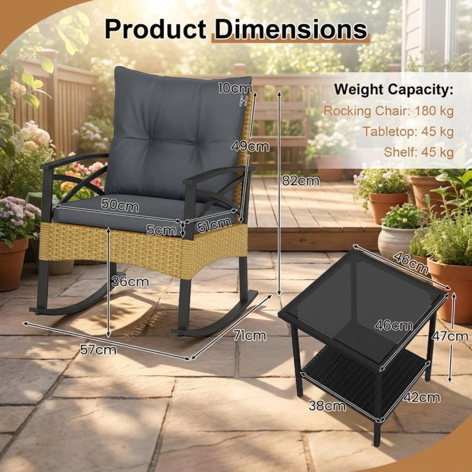Biotree 3 Pieces Outdoor Rattan Rocking Chairs Set with 2-Tier Side Table for Garden Backyard Outdoor Conversation Set for Garden Backyard PorchGray