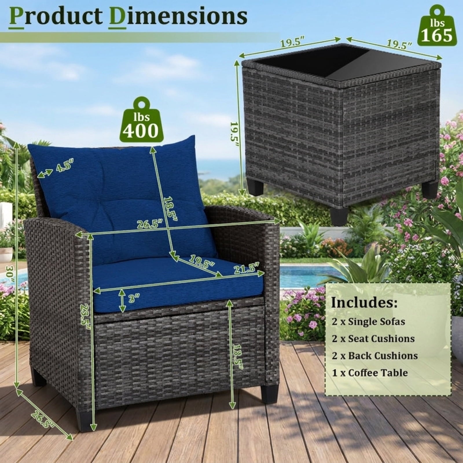 Biotree 3 Pieces Outdoor Wicker Conversation Set with Tempered Glass Tabletop Outdoor Conversation Set for Garden Backyard PorchNavy