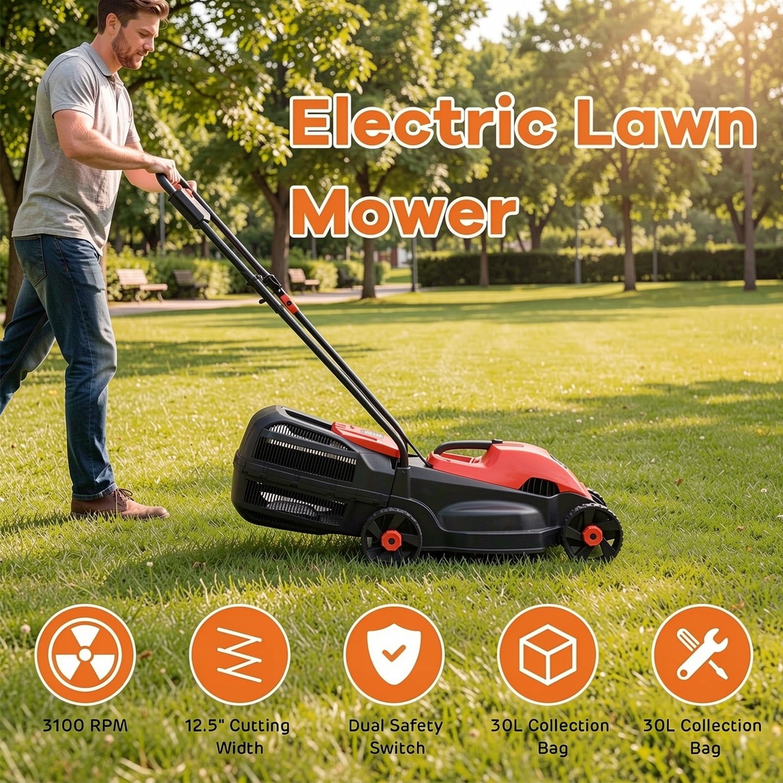 Biotree 13 Inch Electric Push Lawn Corded Mower with Grass Bag-Red Eco-Friendly Yard Lawn Care Garden