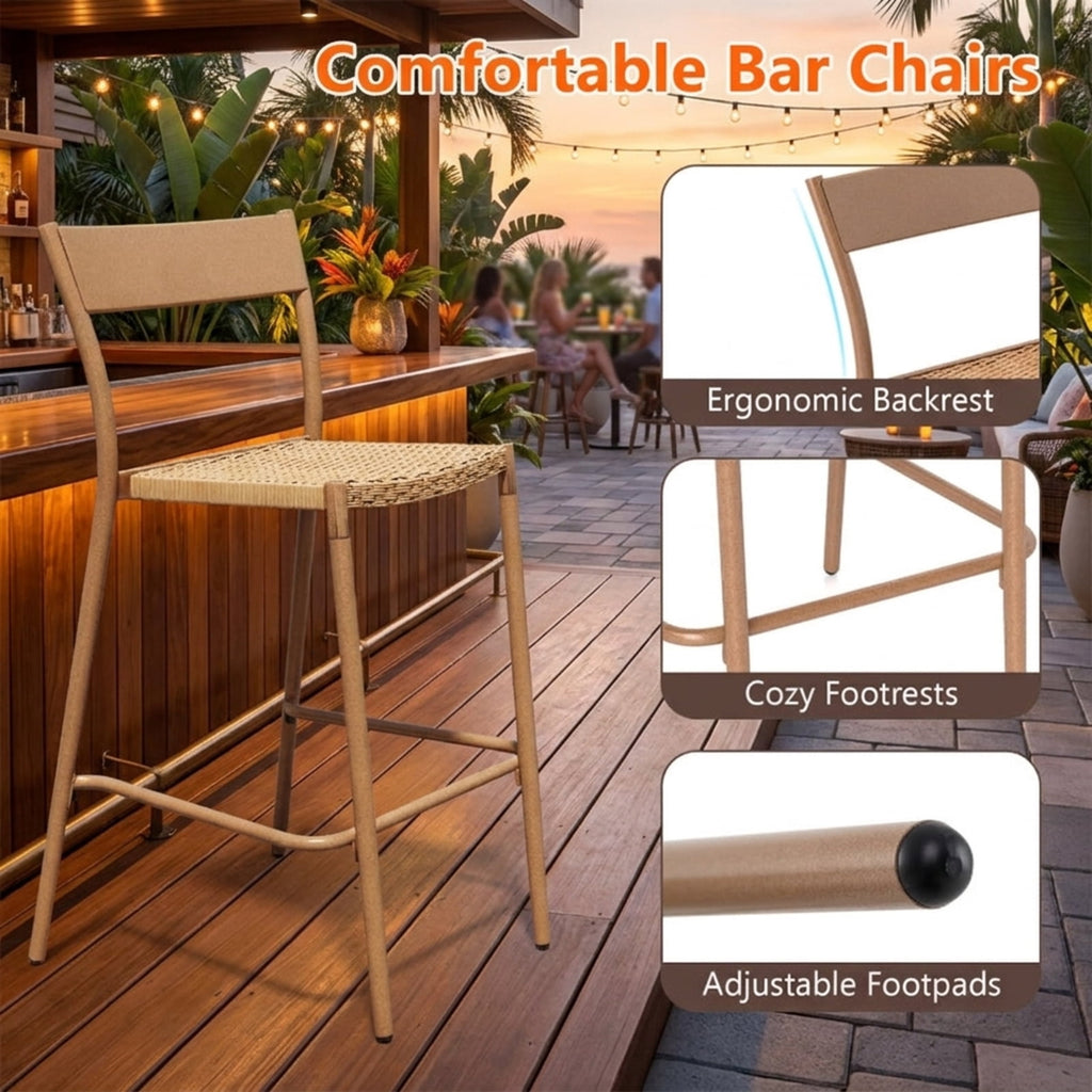 Biotree Patio Barstools Set of 4 with Rattan Seat and Metal Backrest Stackable Patio Chair for Garden BackyardLight Brown