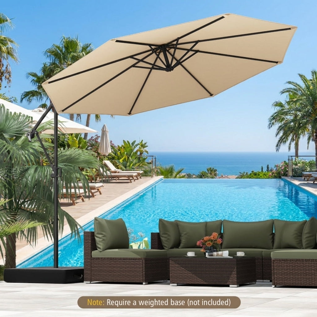 Biotree 10 ft Cantilever Patio Umbrella Offset Hanging with Cross Base, 8 Ribs - Beige for Backyard Garden Poolside