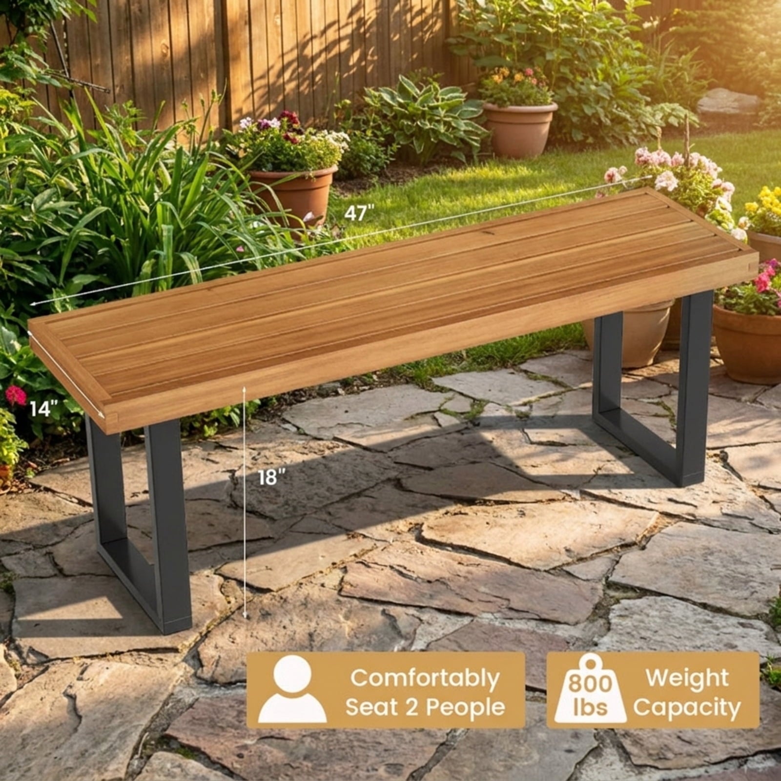Biotree Acacia Wood Outdoor Bench 48 Inch Long Patio Dining Bench-Set of 2 Stackable Patio Chair for Garden BackyardNatural+Black