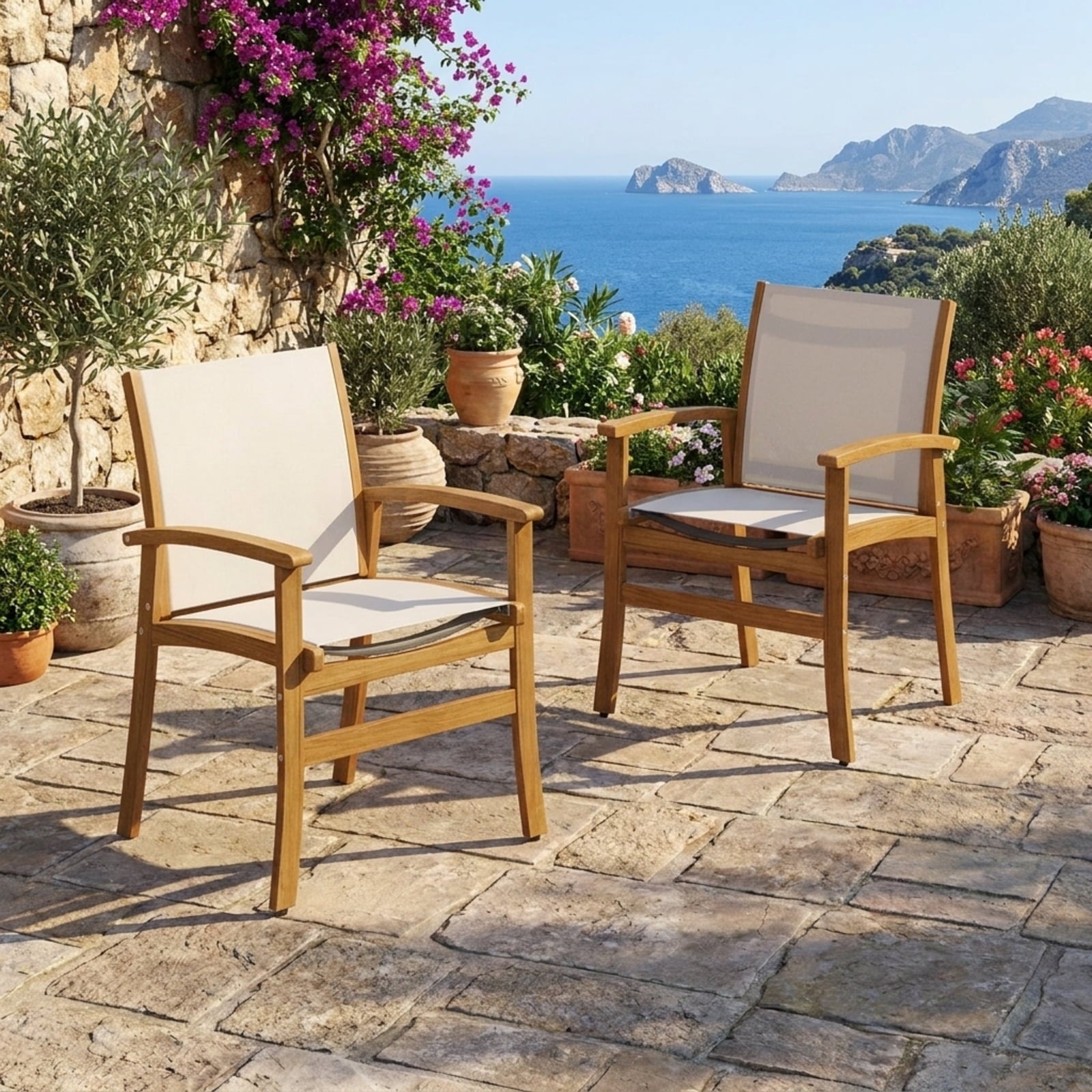 Biotree Patio Chairs Set of 2 Acacia Wood Armchairs with Breathable Fabric Back and Seat Stackable Patio Chair for Garden BackyardYellow