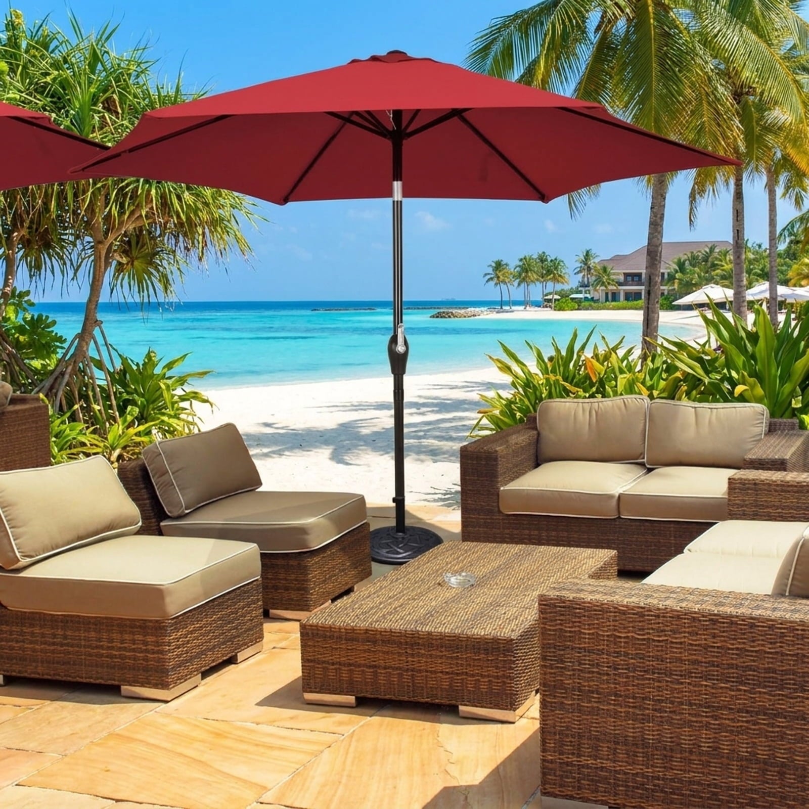 Biotree 9 ft Market Patio Umbrella with Crank and Tilt, 8 Sturdy Ribs, Vented Canopy - Burgundy for Backyard