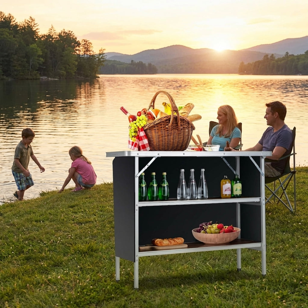 Biotree Folding Camping Table with 2-Tier Open Shelves for Outdoor BBQ Portable Camp Kitchen Table with Storage, Brown