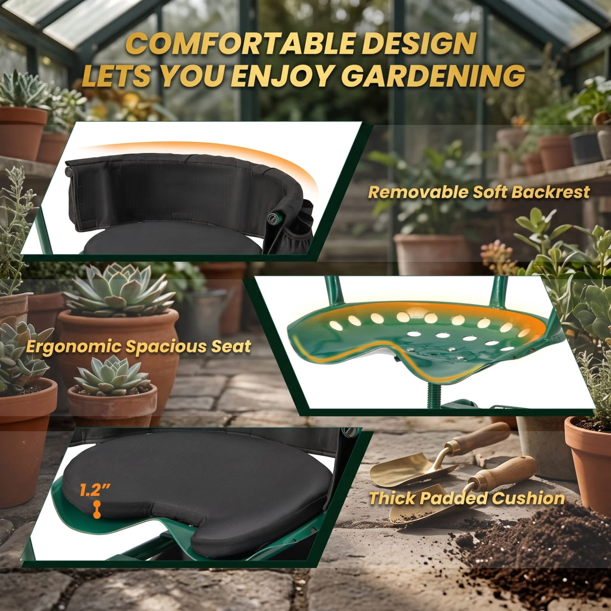 Biotree 330lbs Rolling Garden Cart with 360¡ã Height Adjustable Swivel Seat, Garden Scooter with Storage Basket, Tool Tray for Weeding Planting Gardening Green