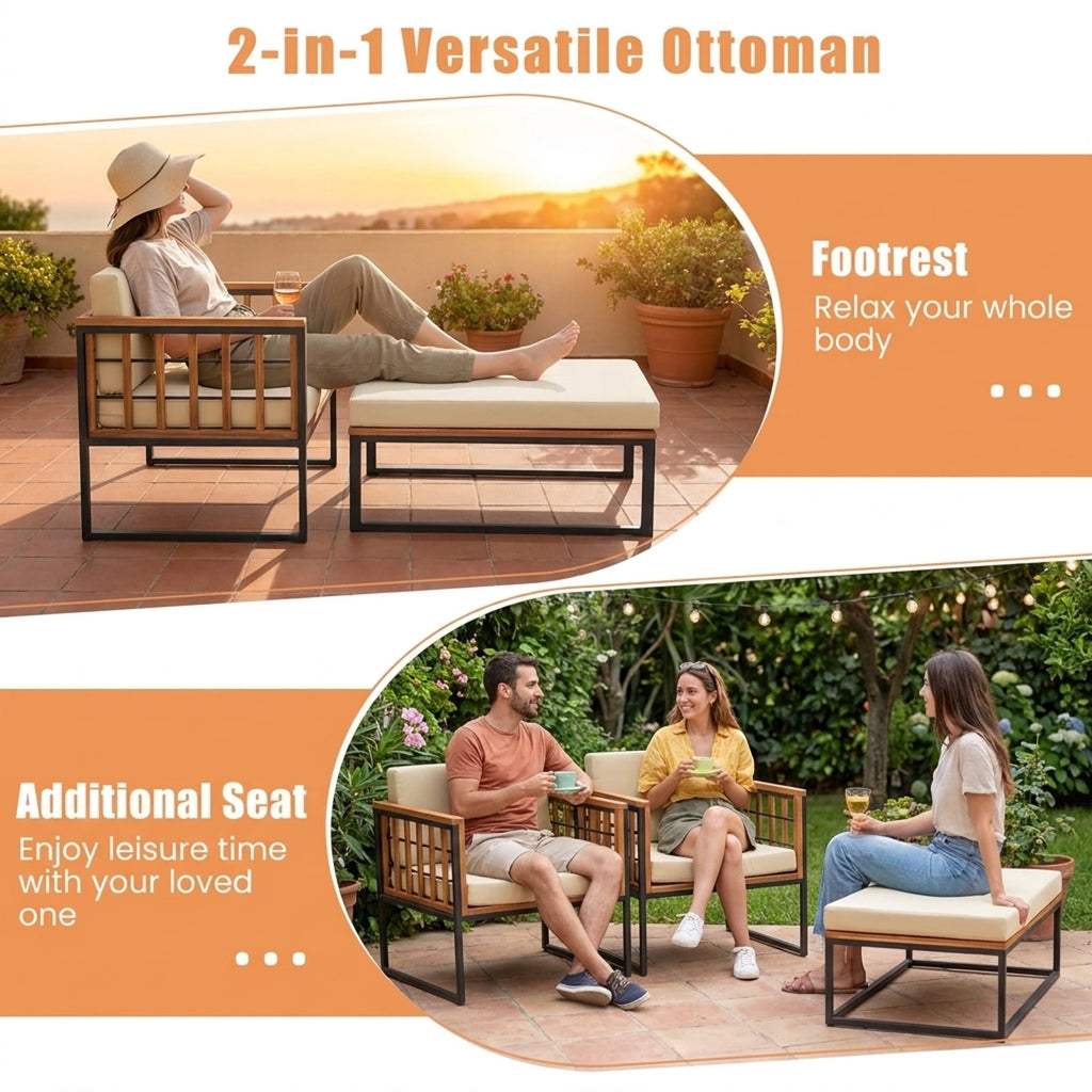 Biotree Patio Acacia Wood Armchair with Long Ottoman and Seat Back Cushions Stackable Patio Chair for Garden BackyardBrown