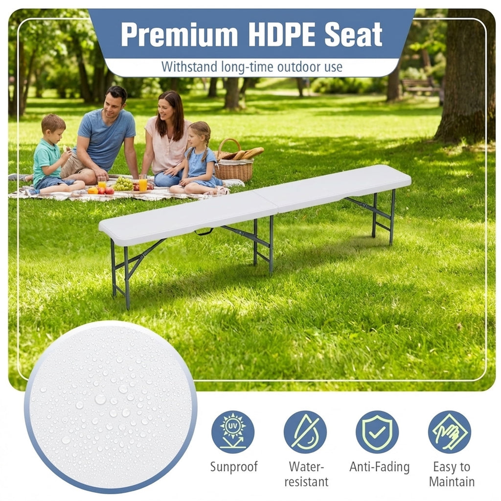 Biotree 6 Feet Plastic Folding Bench Portable Seat with Handle and Lock, White